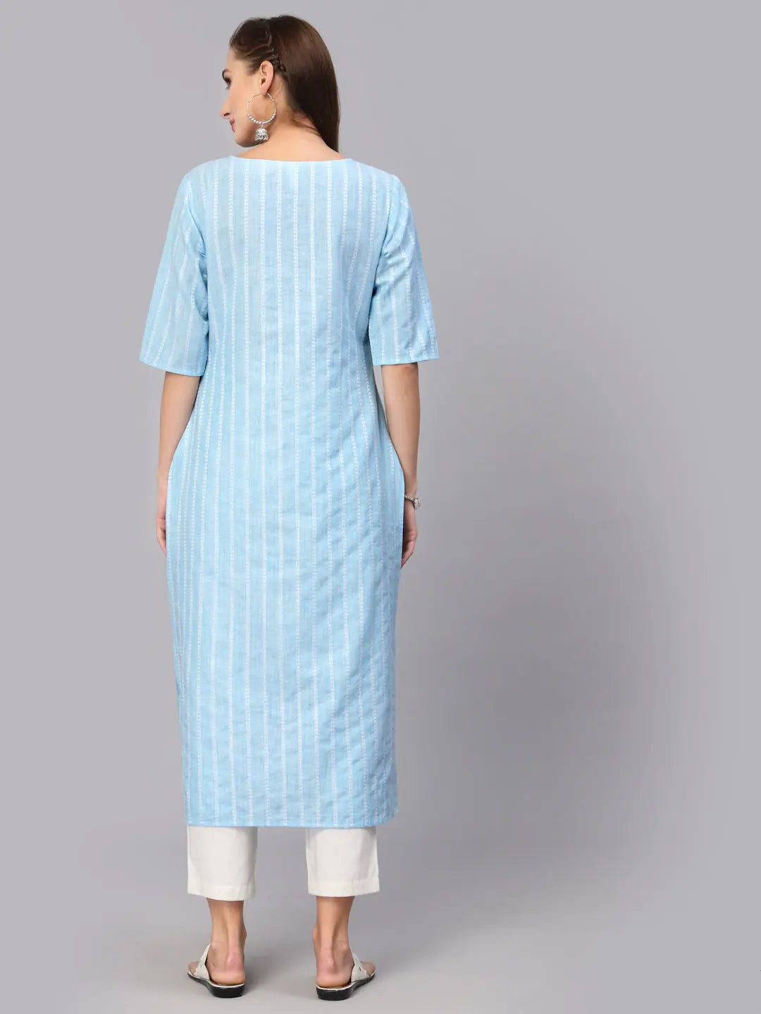 Blue Striped Indian Kurta for Women - Cotton Blend Kurtis