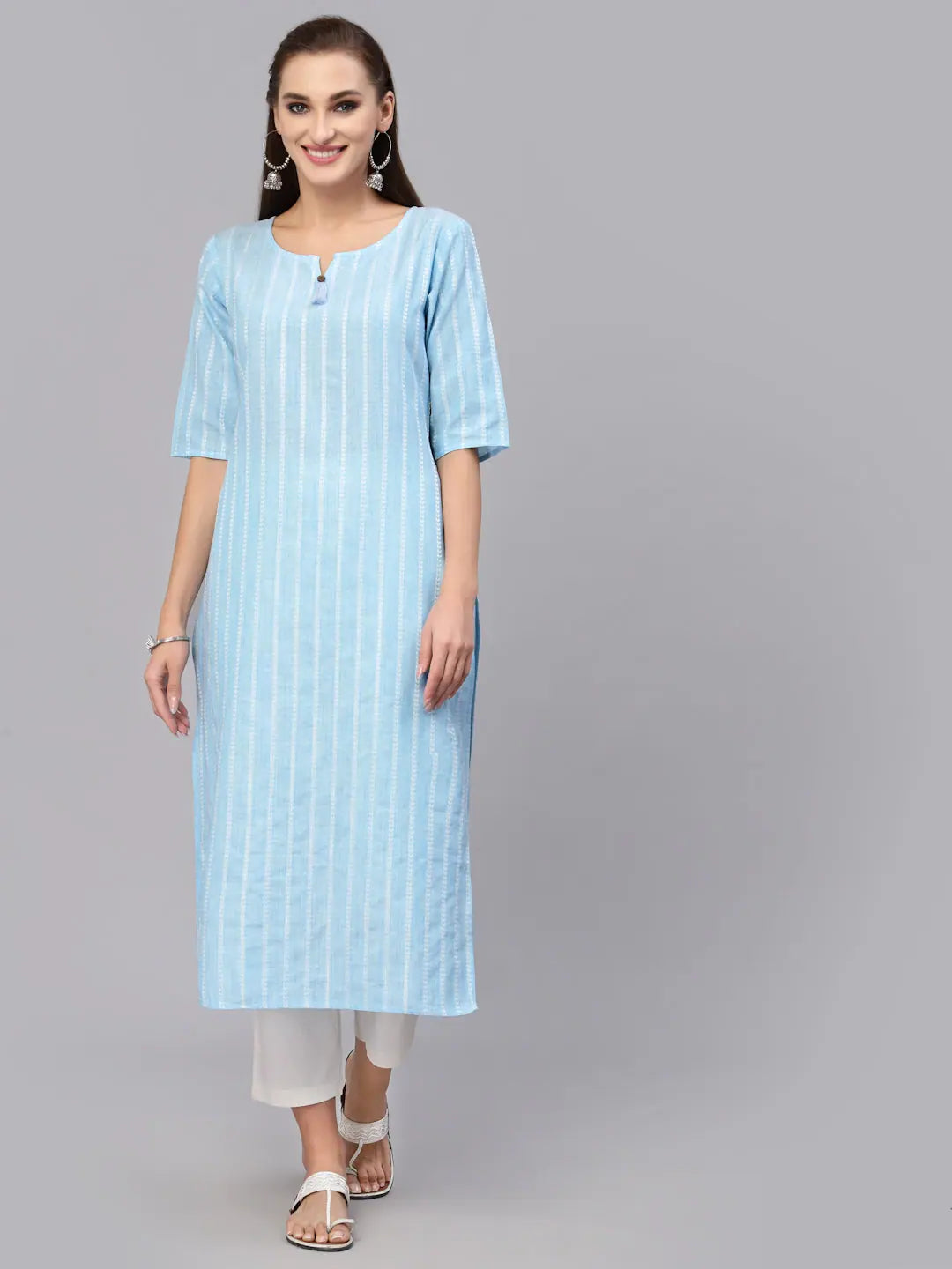 Blue Striped Indian Kurta for Women - Cotton Blend Kurtis