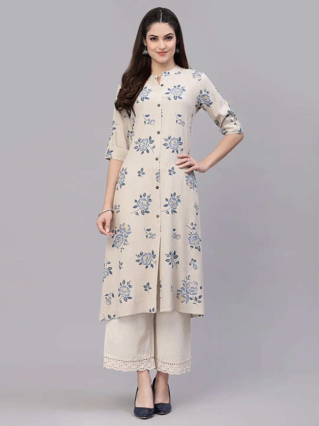 Grey Floral Print Indian Kurta: A-Line Kurtis for Modern Women