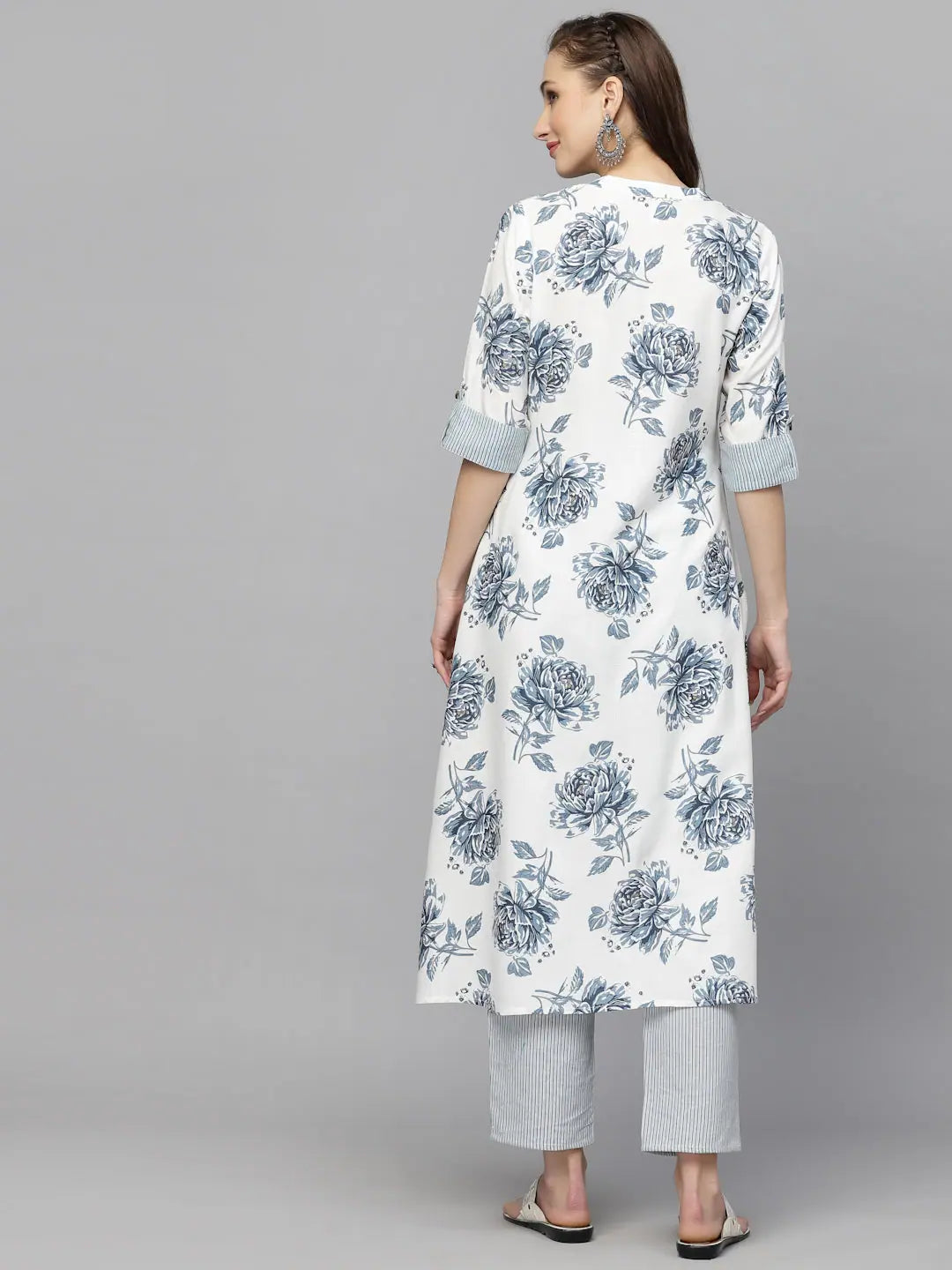 White Floral Indian Kurtas | Printed A-Line Kurta for Women