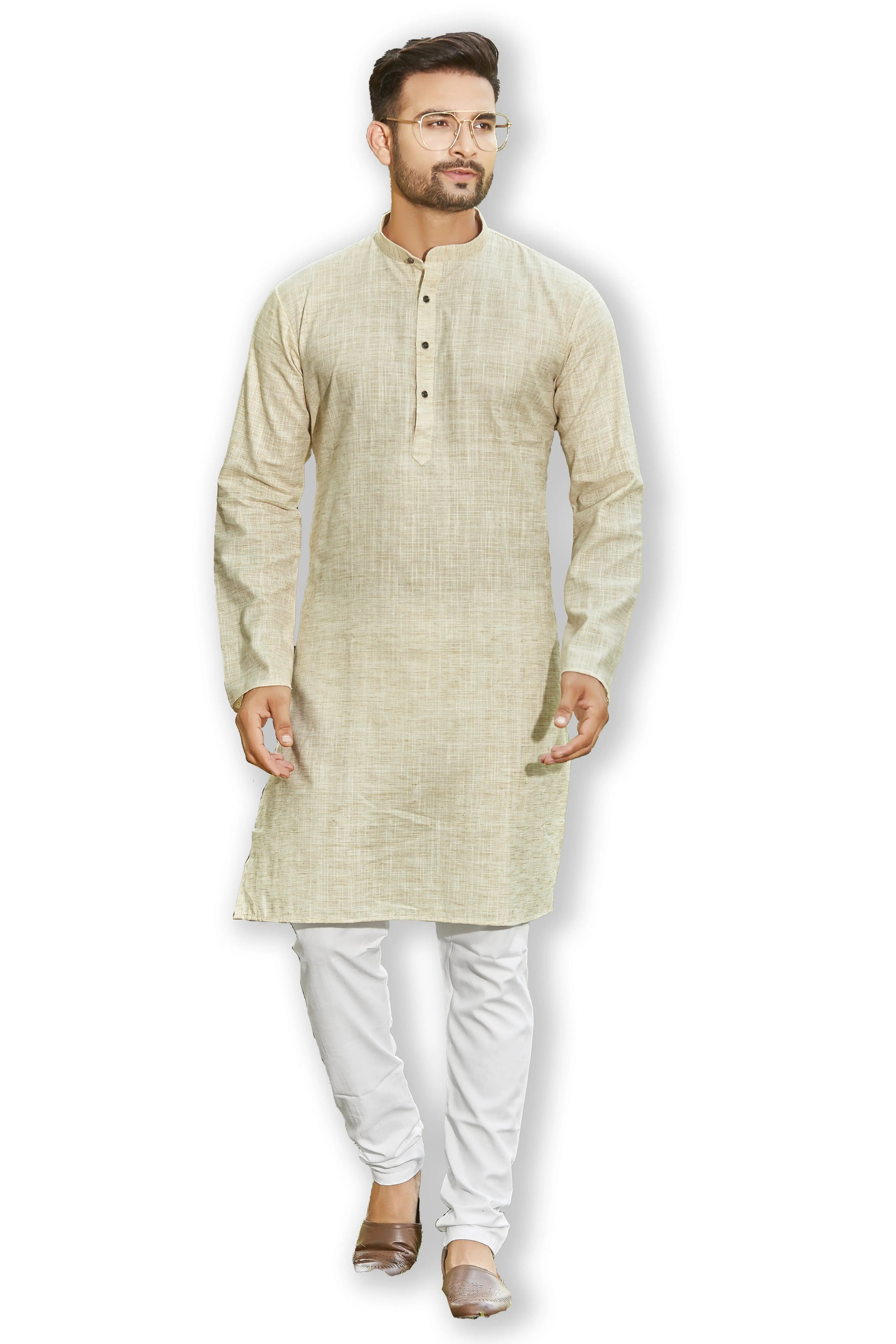 Yellow Checkered Cotton Mens Kurta Pajama Set | Pathani Style