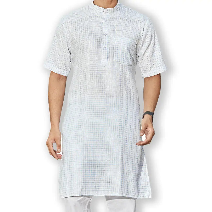 Half Kurta White Checks - Stylish Men's Short Kurta