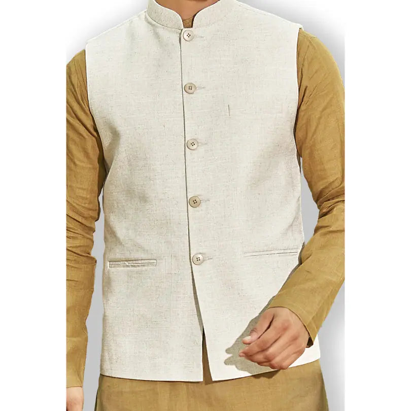 Authentics Beige Linen Weave Nehru Jacket | Men's Ethnic Wear