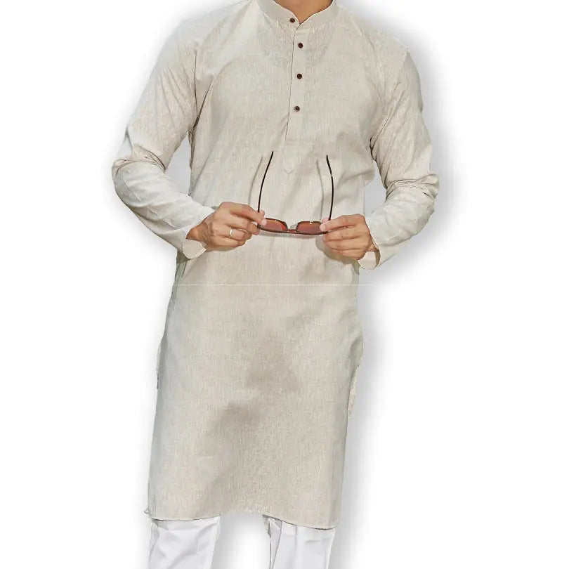Beige Slub Cotton Kurta Pajama Set for Men | Authentics