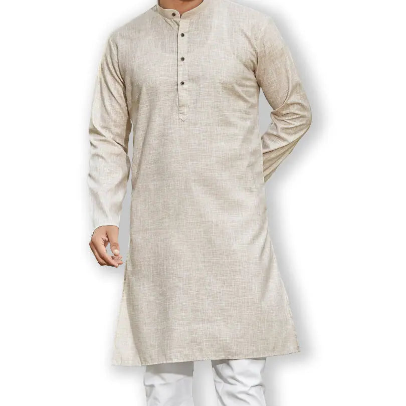 Beige Slub Cotton Kurta Pajama Set for Men | Authentics