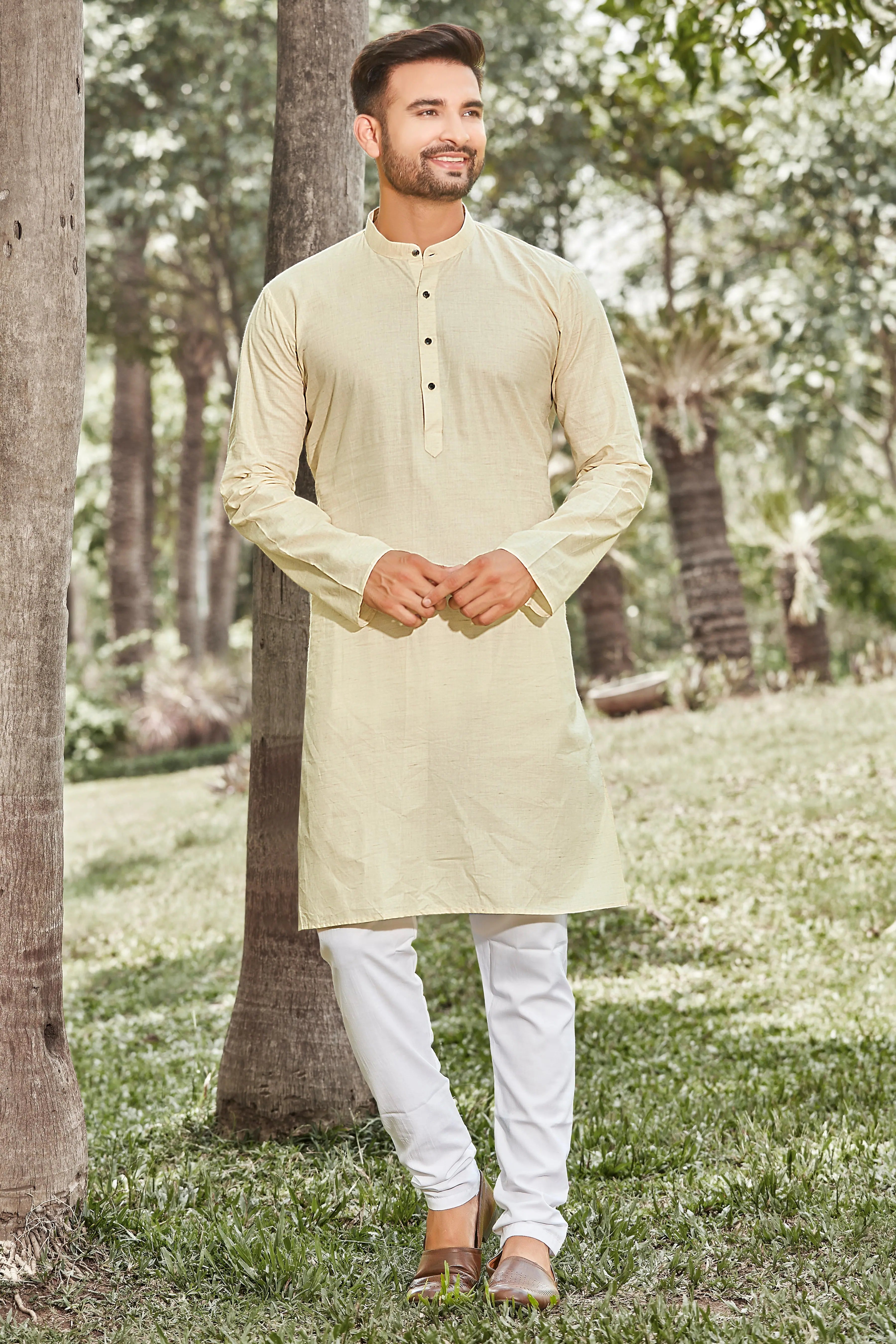 Beige Solid Cotton Mens Kurta Pajama Set | Authentics