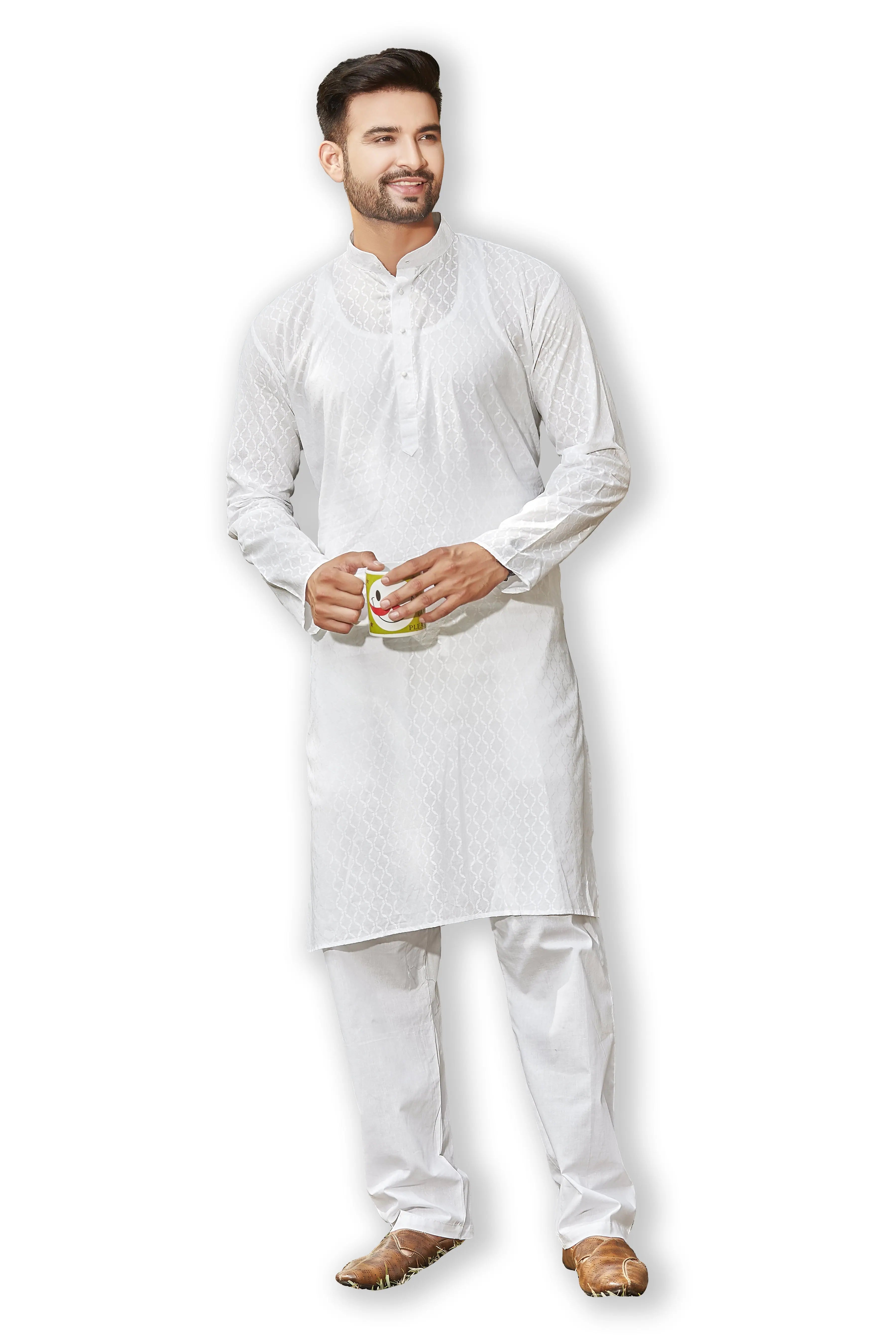 White Cotton Kurta Pajama Set | Mens Kurta Pajama - Style 1 - Style 2