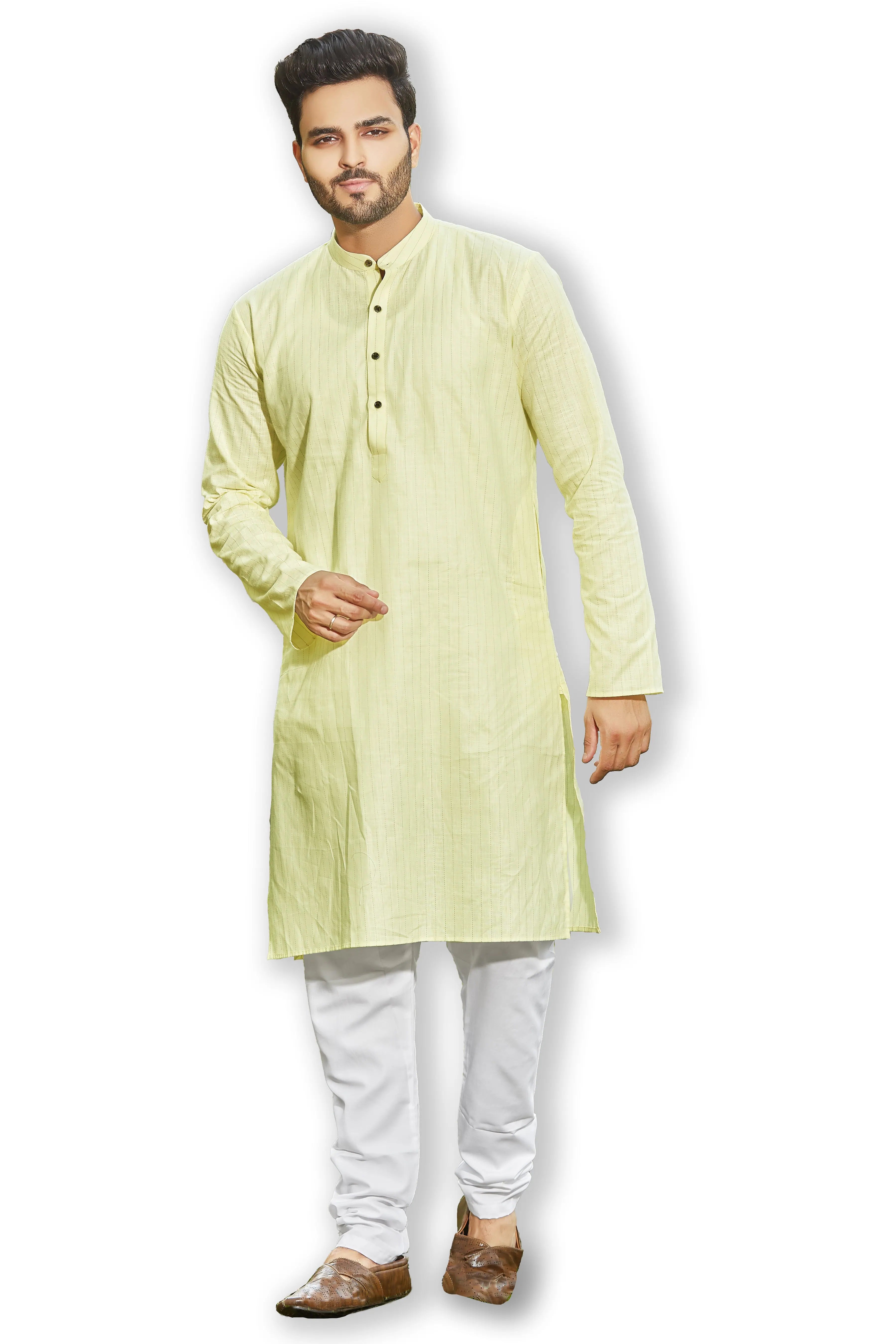 Light Yellow Striped Kurta Pajama Set | Mens Ethnic Wear