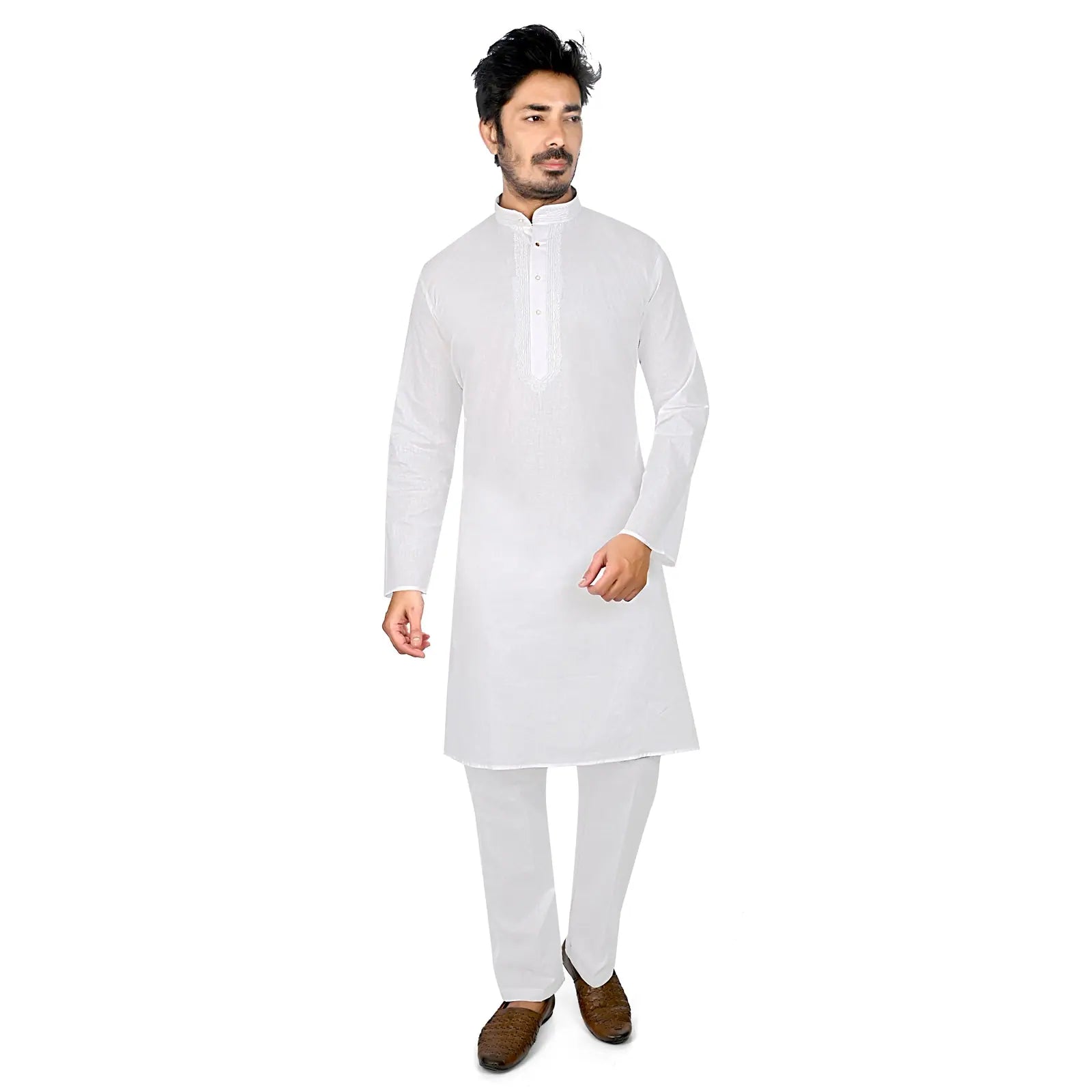 White Cotton Mens Kurta Pajama Set | Elegant Pathani Suit