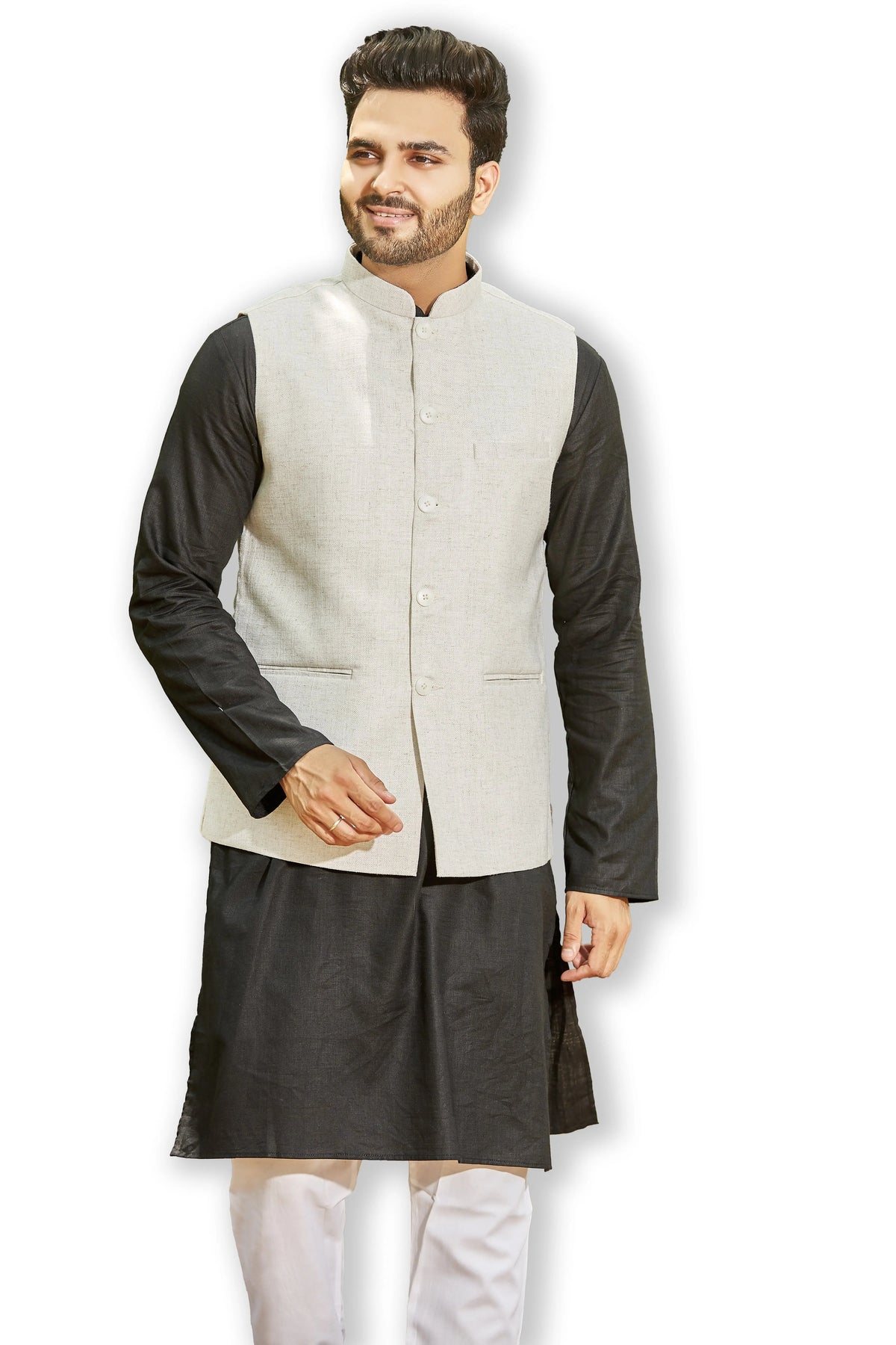 Authentics Kurta Bandi Set Jute Weave Fawn