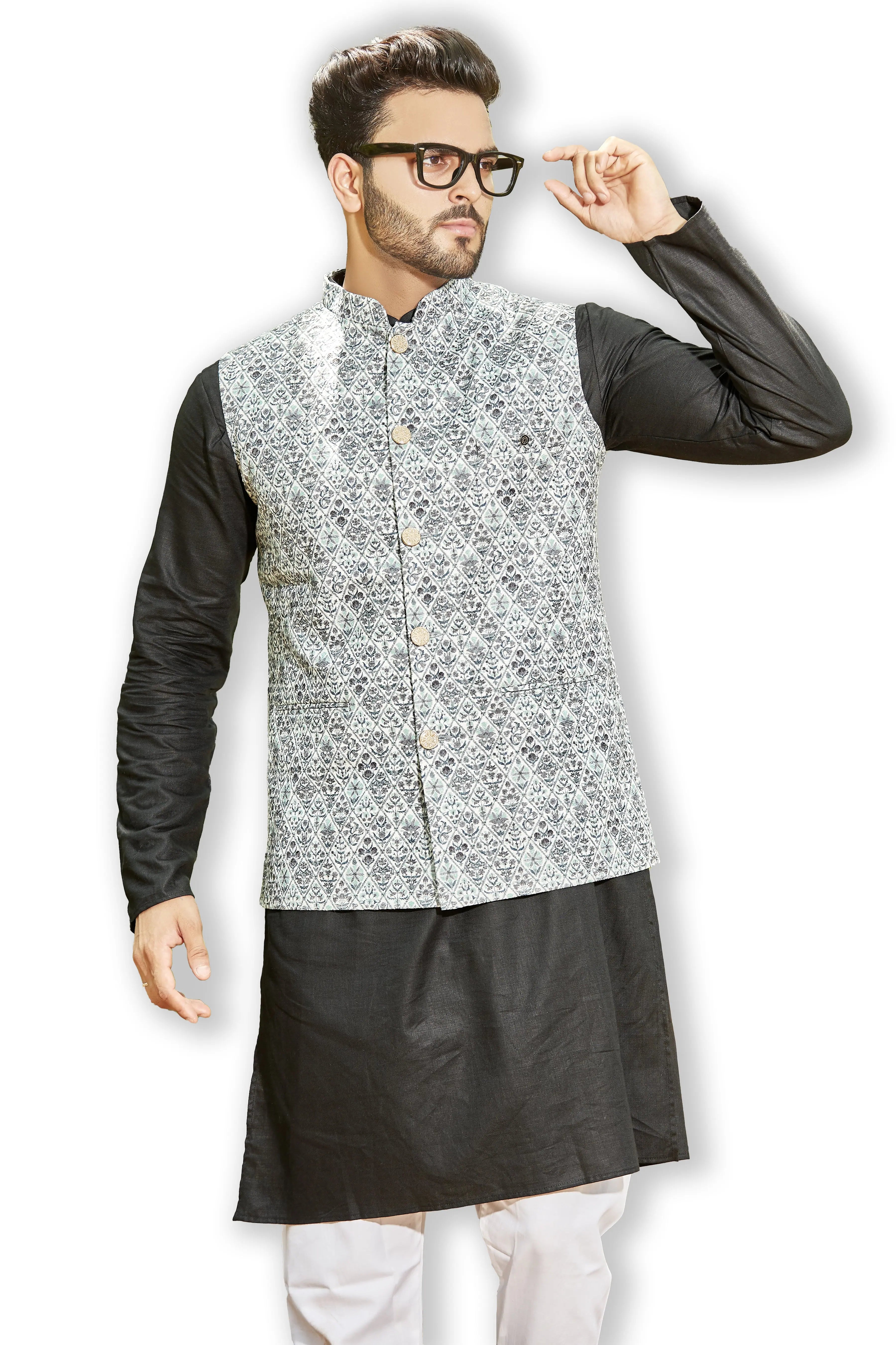 Green Chikan Digital Kurta Bandi Set | Mens Kurta Pajama
