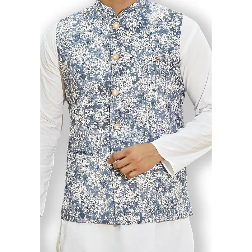 Blue Print Suede Kurta Bandi Set | Mens Kurta Pajama