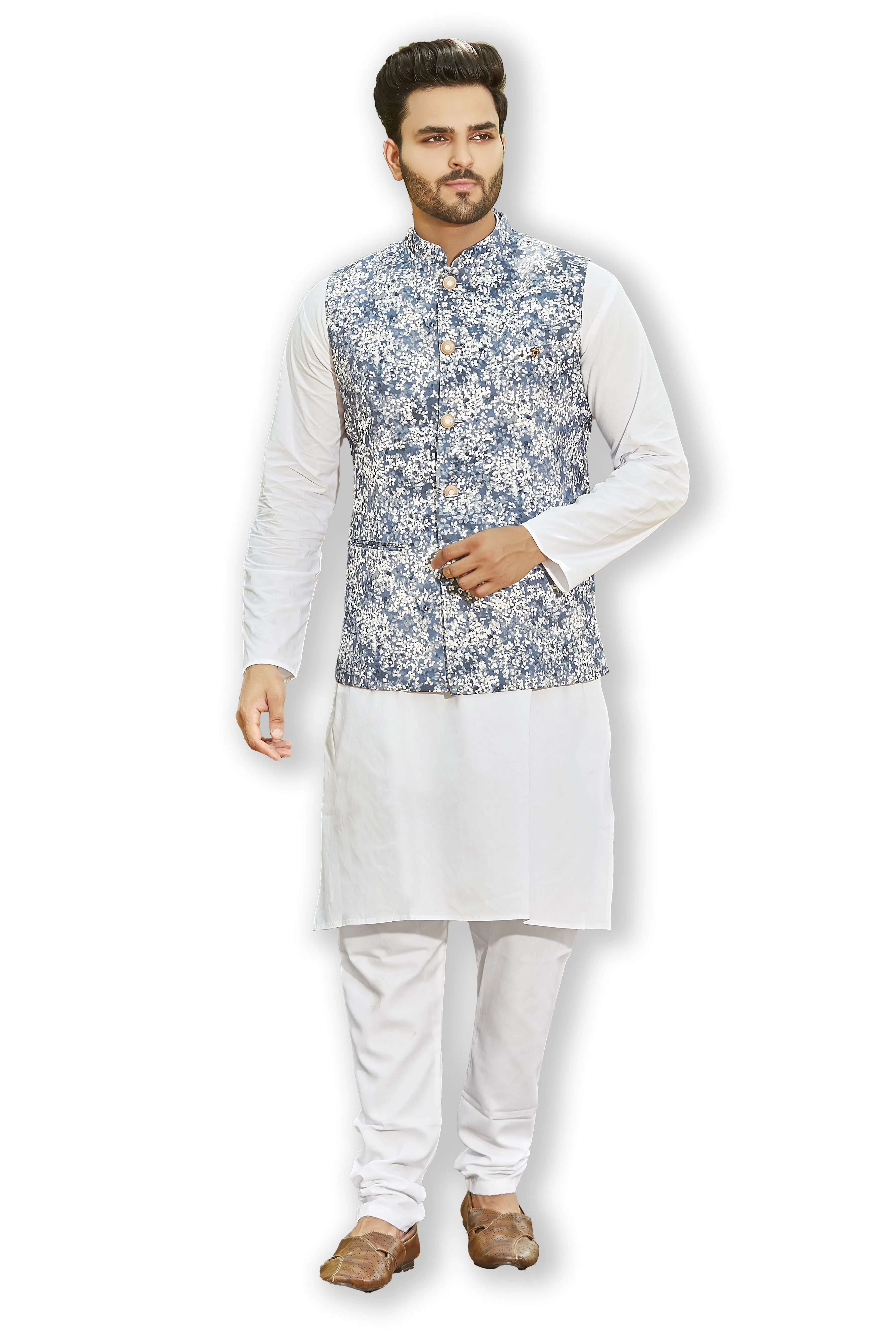 Blue Print Suede Kurta Bandi Set | Mens Kurta Pajama