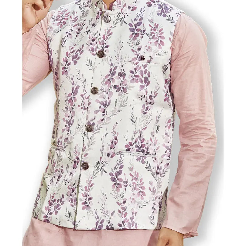 Purple Print Suede Kurta Bandi Set | Mens Kurta Pajama