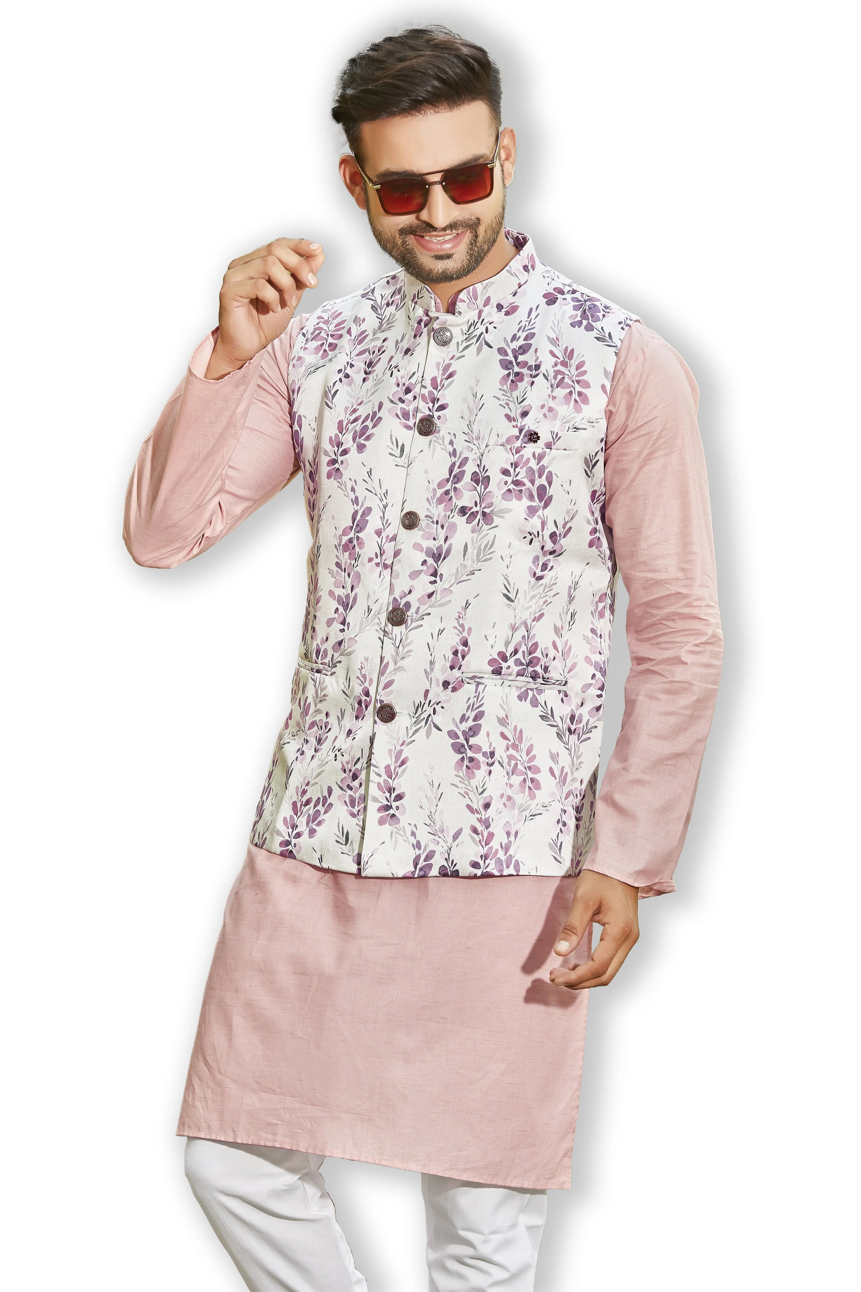 Purple Print Suede Kurta Bandi Set | Mens Kurta Pajama