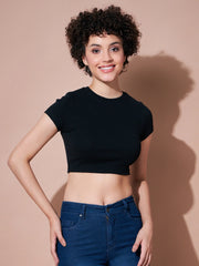 Women Black Rib Crop Tee