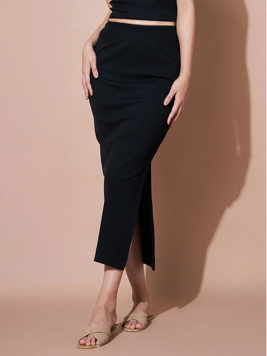 Women Black Rib Pencil Skirt 2160