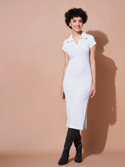 Women White Rib Polo Collar Tip Bodycon Dress
