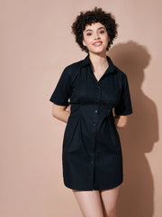 Women Black Cotton Poplin Shirt Dress