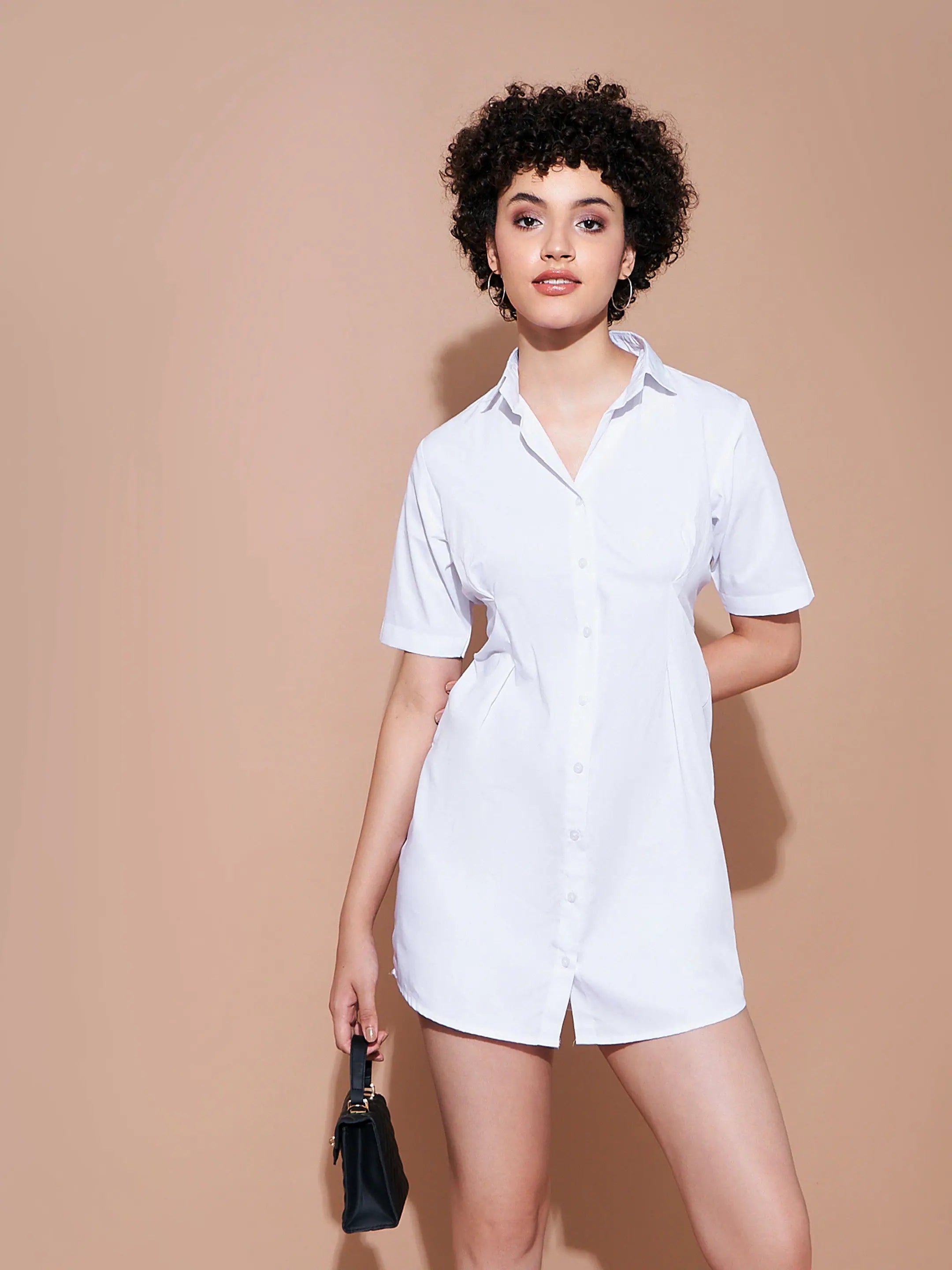 White Cotton Poplin Shirt Dress for Women | Above Knee Fit