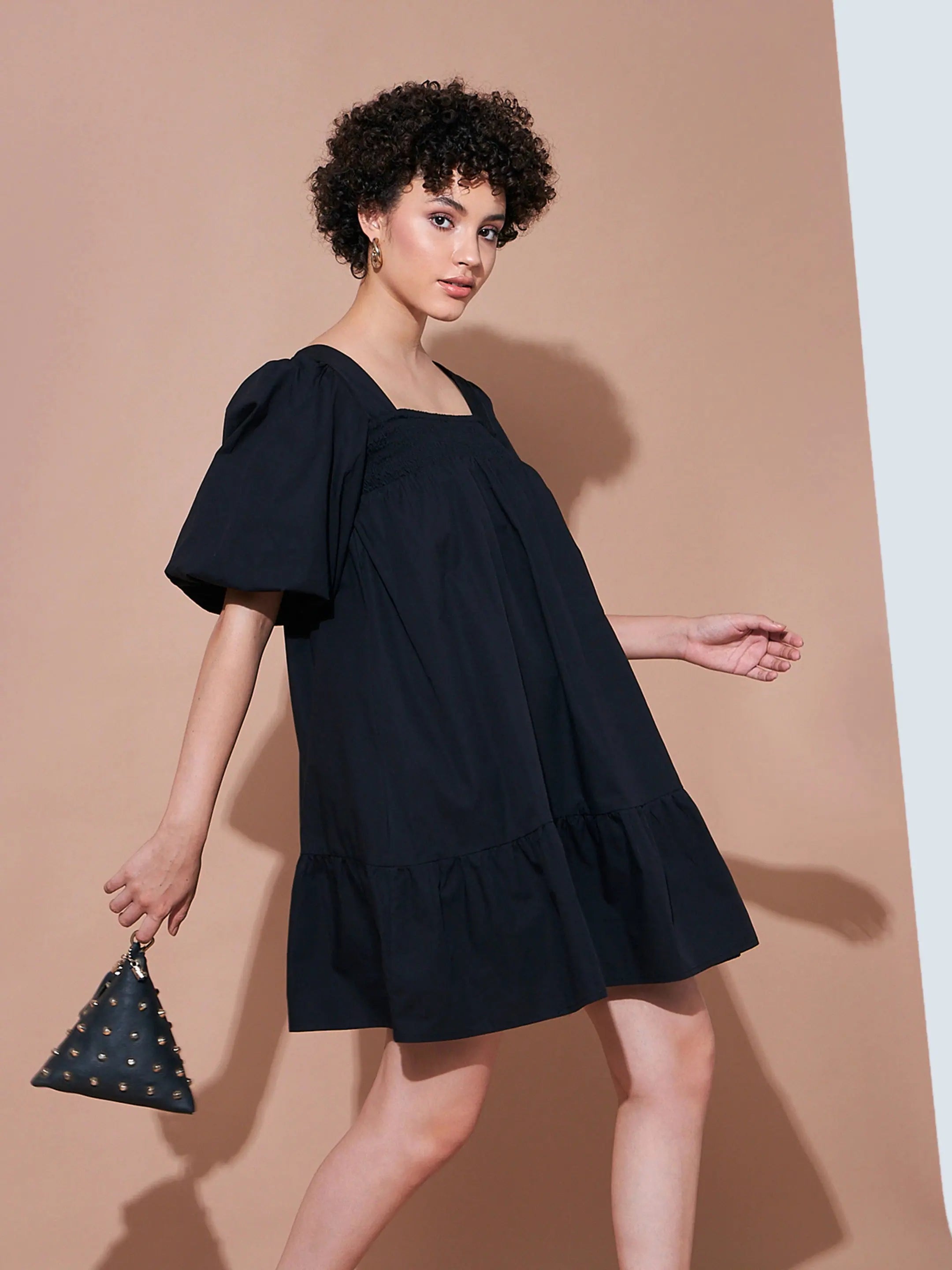 Black Cotton Poplin Puff Sleeve Dress | Flared Hemline