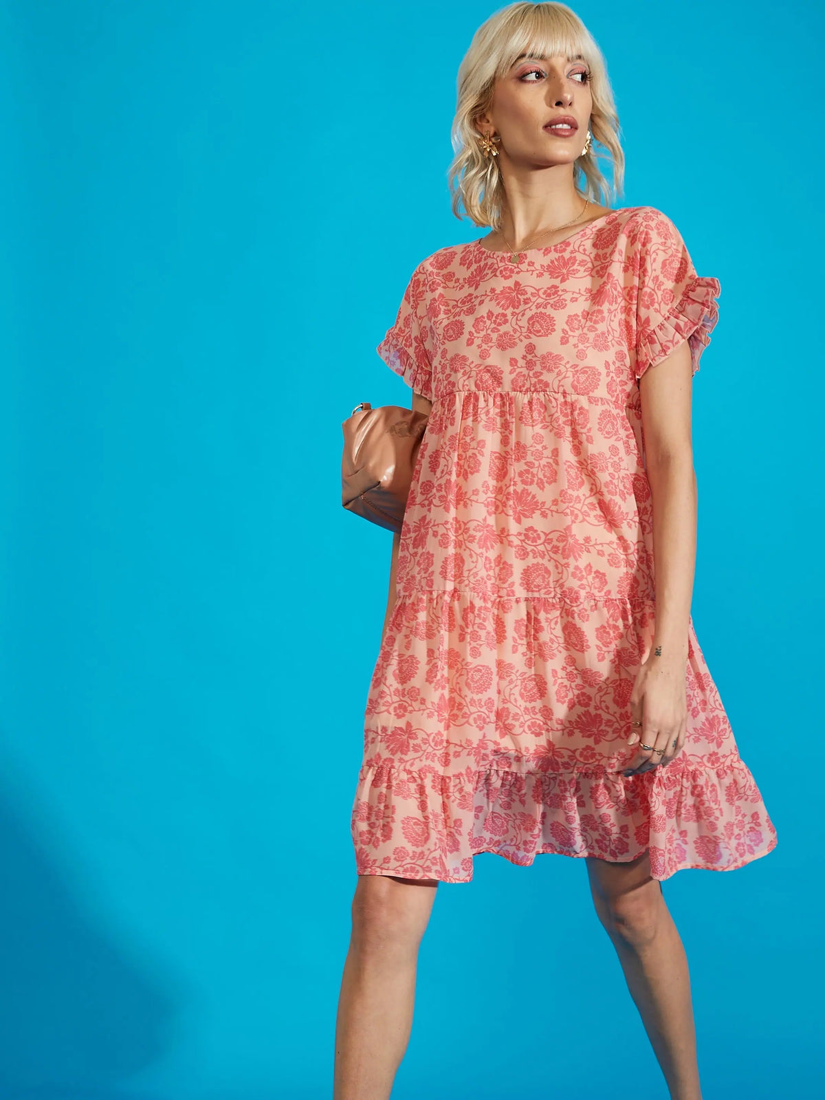 Women Peach Floral Tiered Trapeze Dress