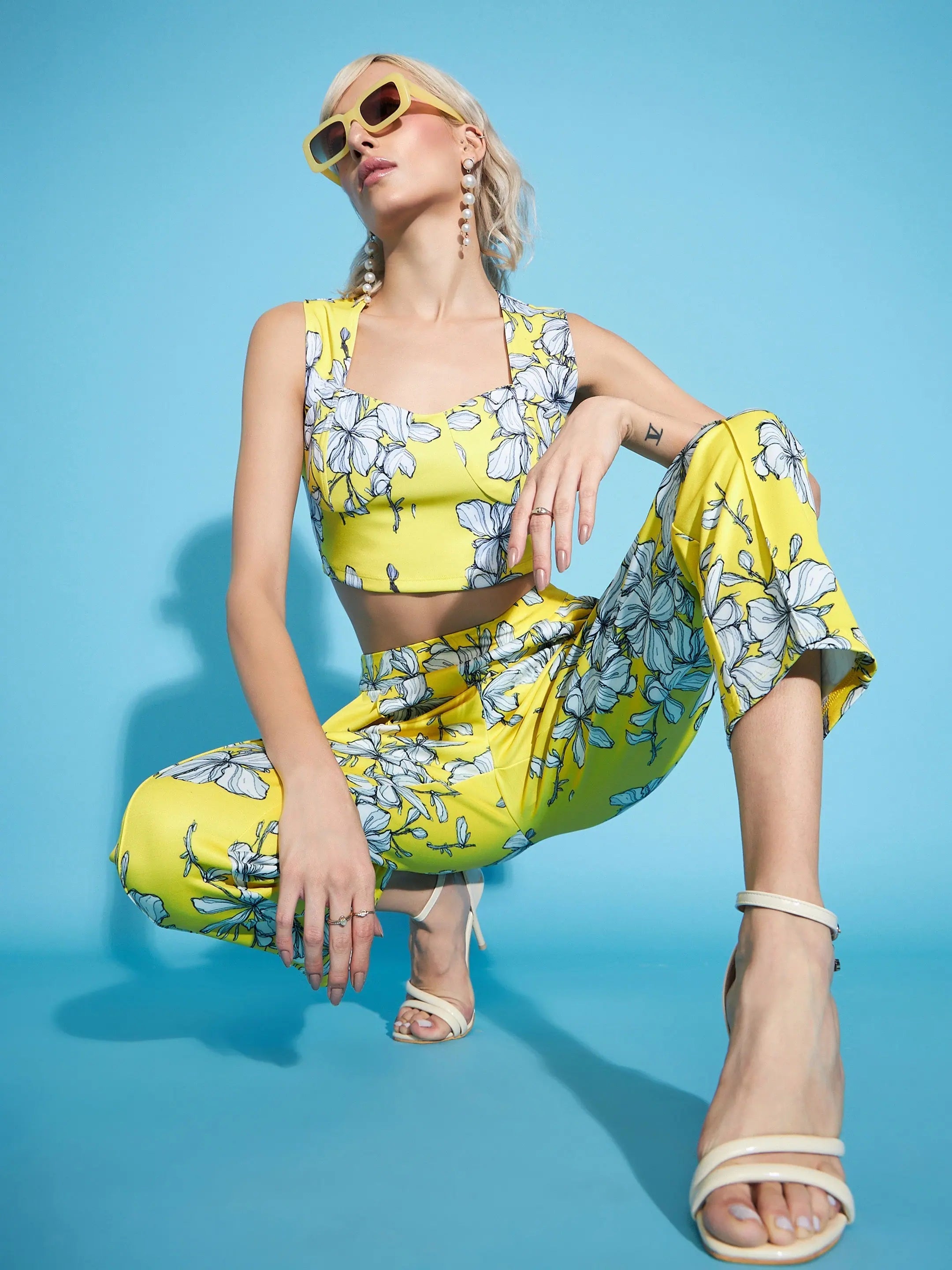 Yellow Printed Jumpsuit Set - Women's Floral Crop Top & Pants