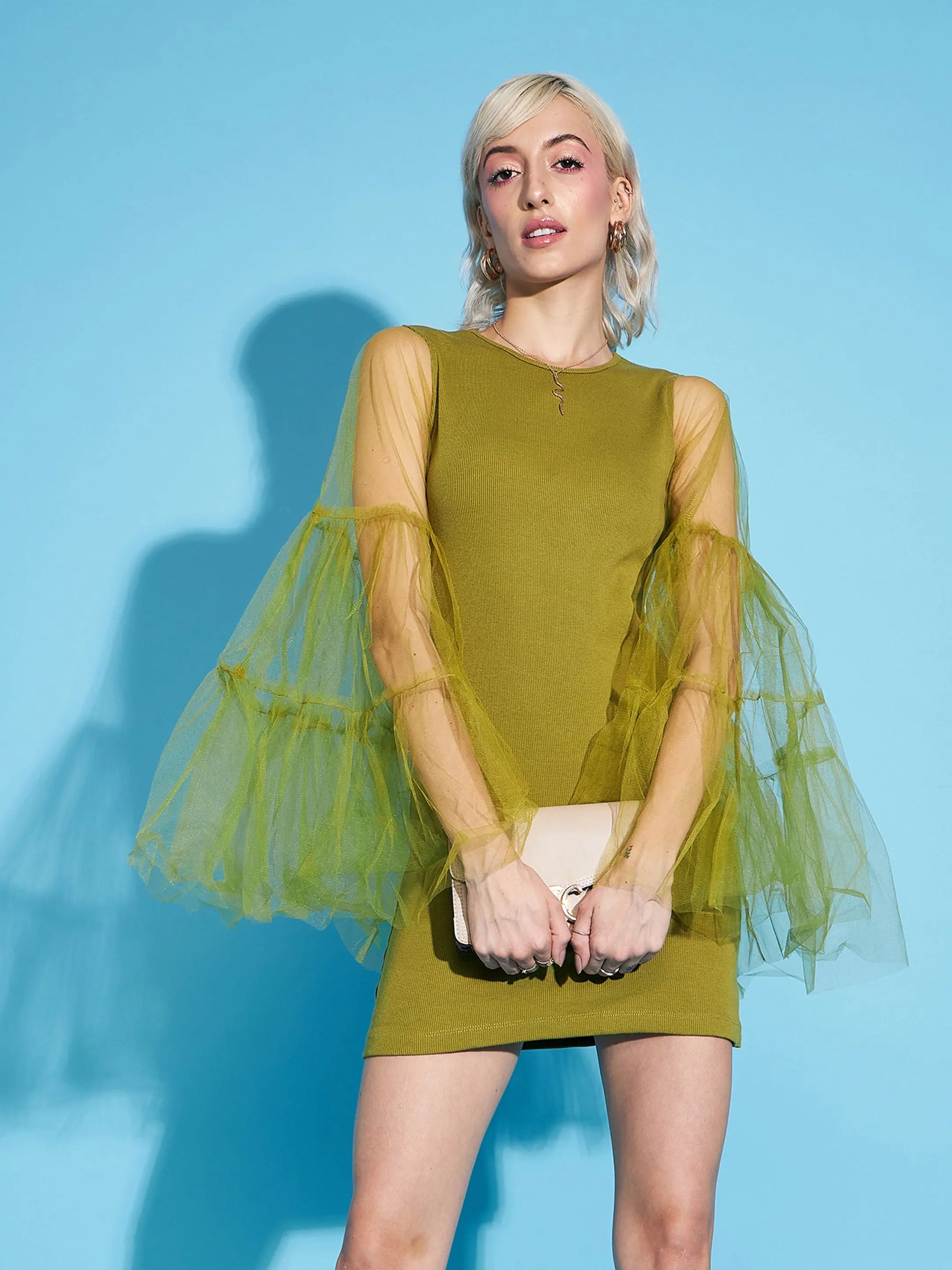 Green Tulle Bodycon Dress | Flare Sleeve Women's Party Dress Green Tulle Bodycon Dress | Flare Sleeve Women's Party Dress