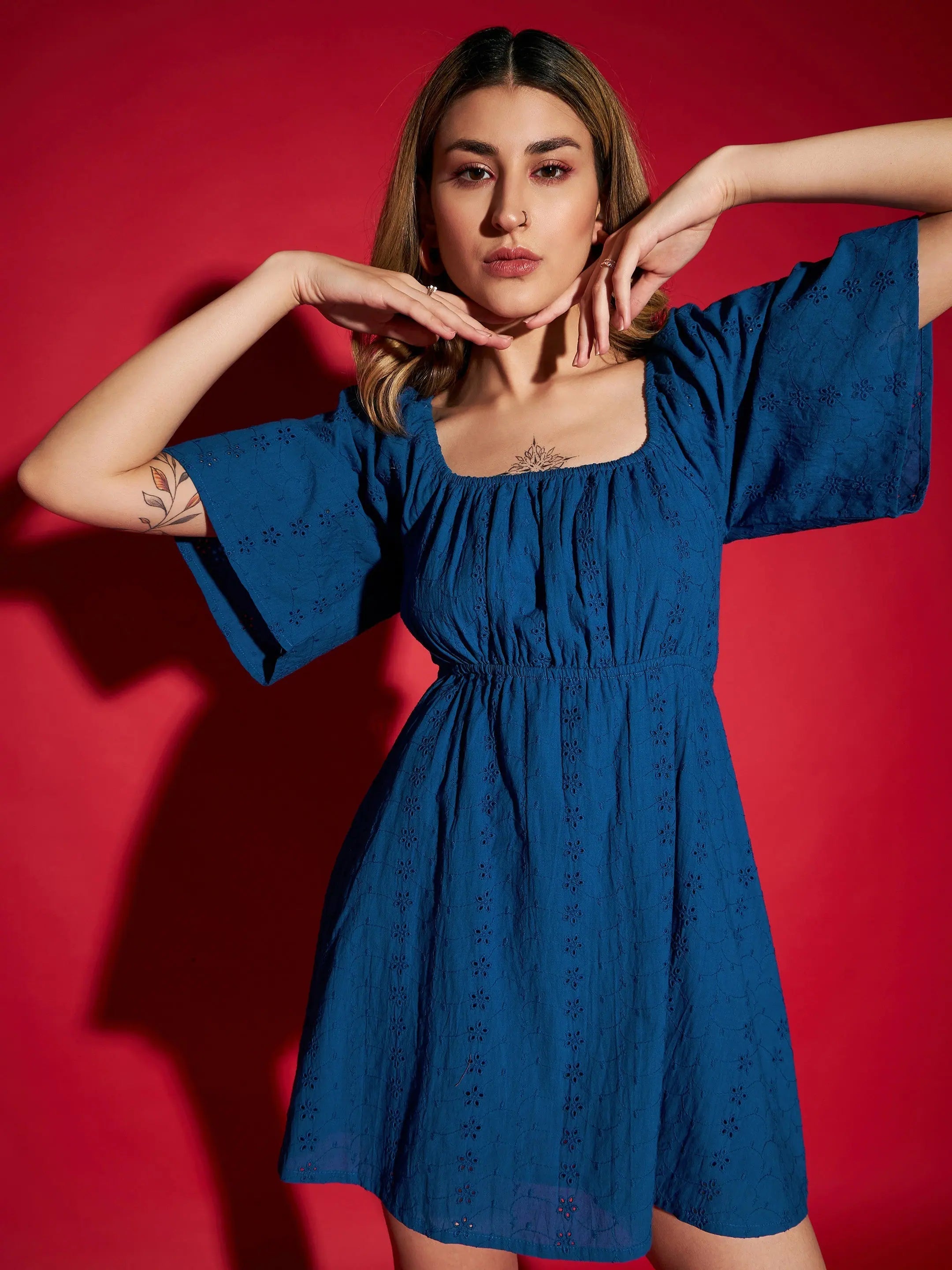 Royal Blue Schiffli Skater Dress | Ethnic Lehenga for Women