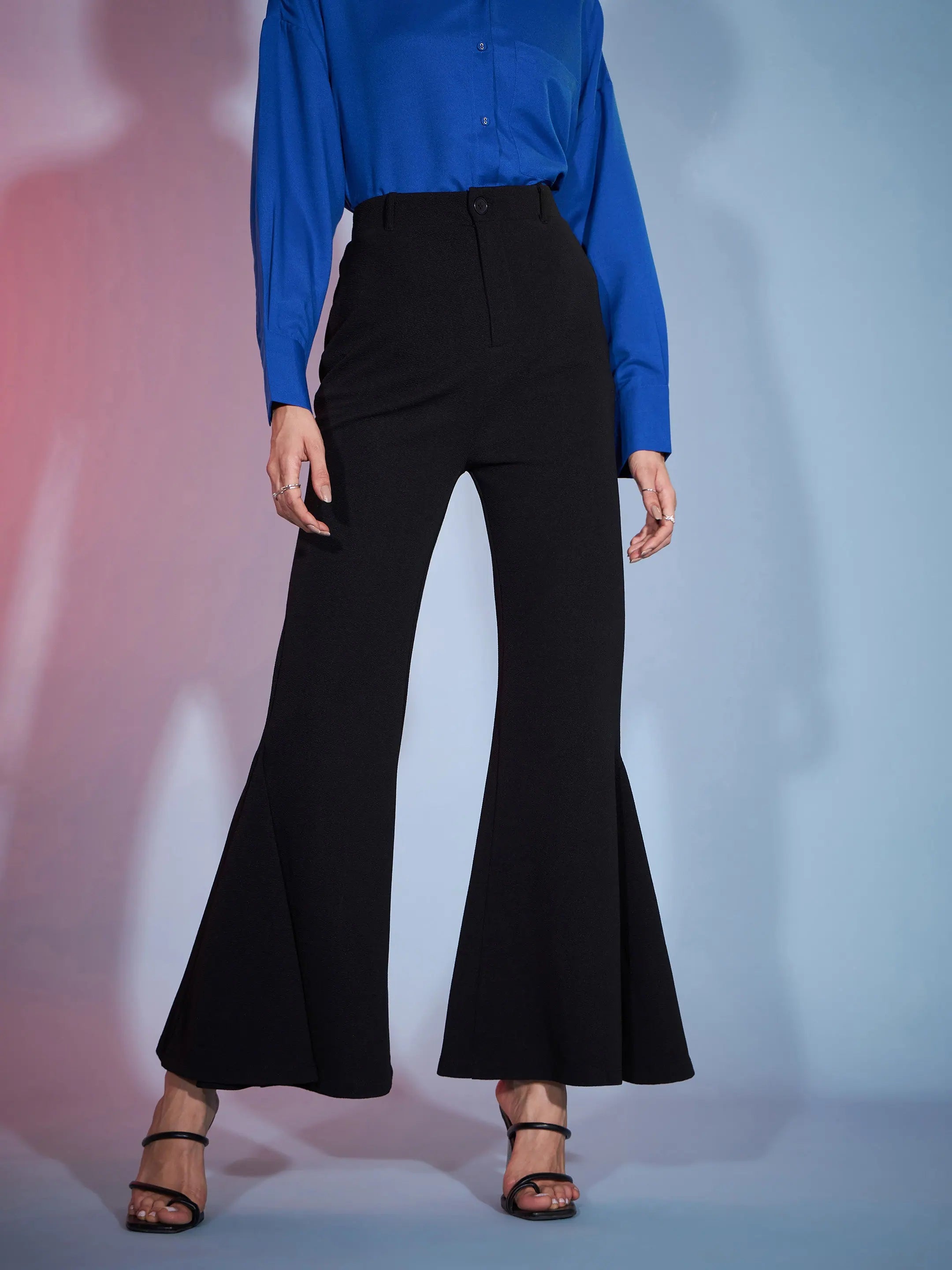 Black Bell Bottom Pants - Women's Lehenga Style Kick Pleats