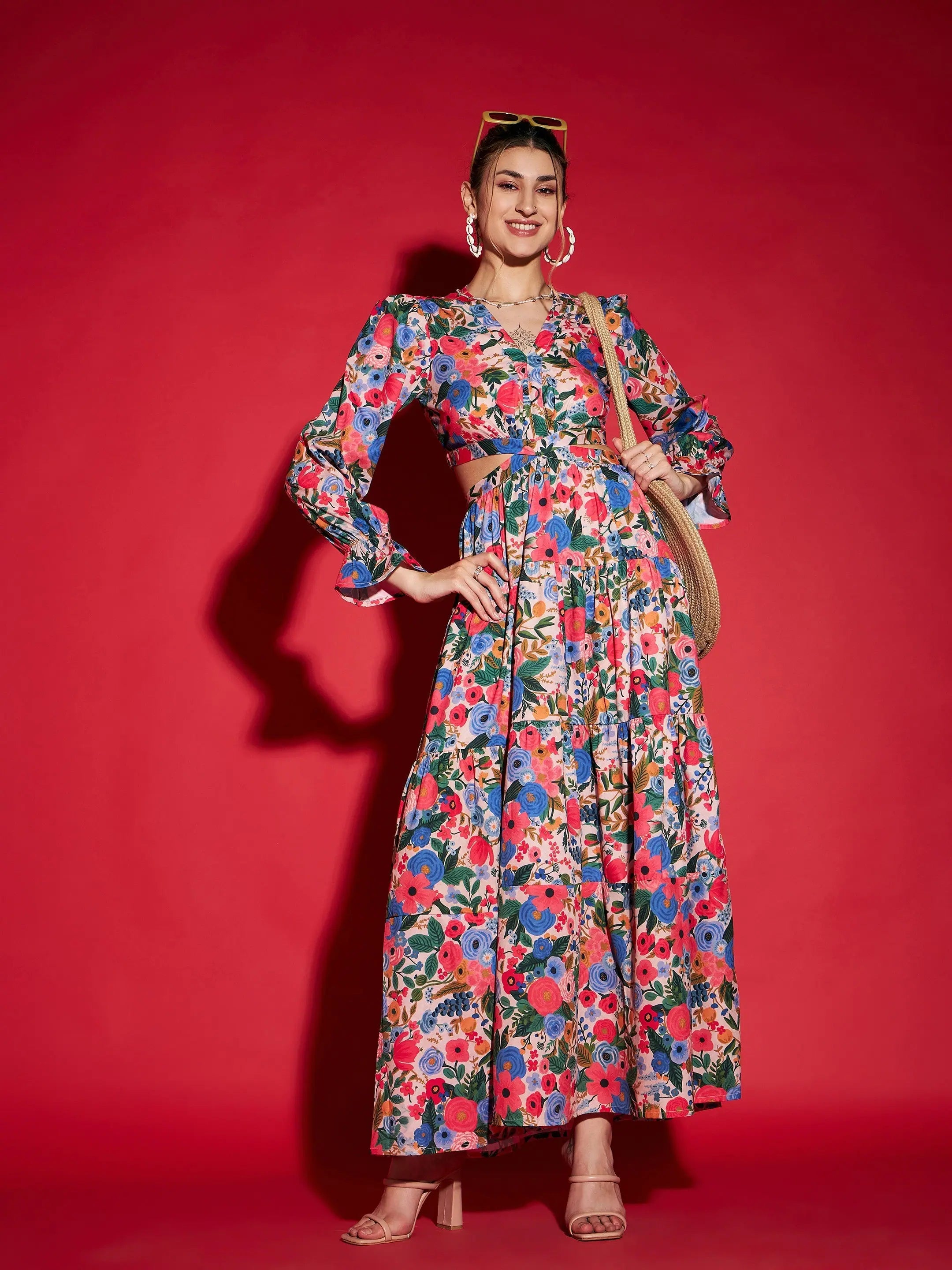 Floral Cut-Out Maxi Dress - Indian Dresses Online | Polyester