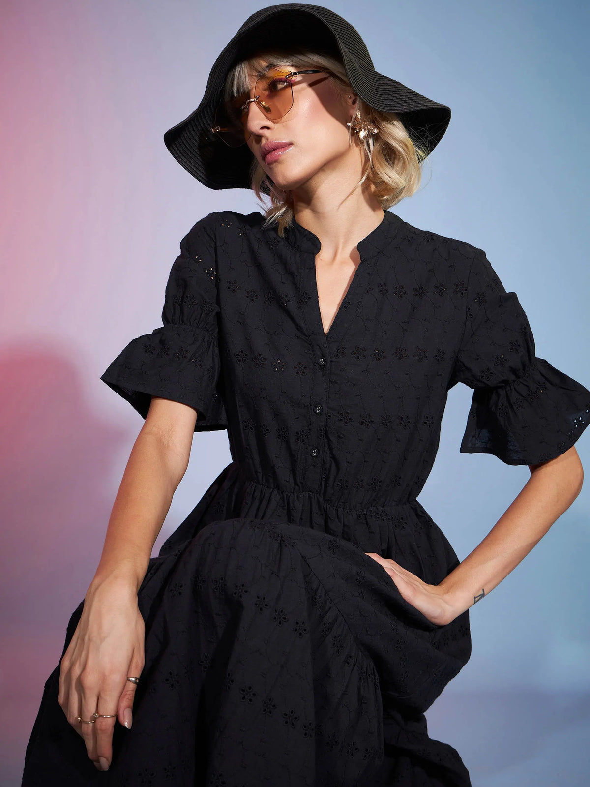 Women Black Schiffli Tiered Midi Dress