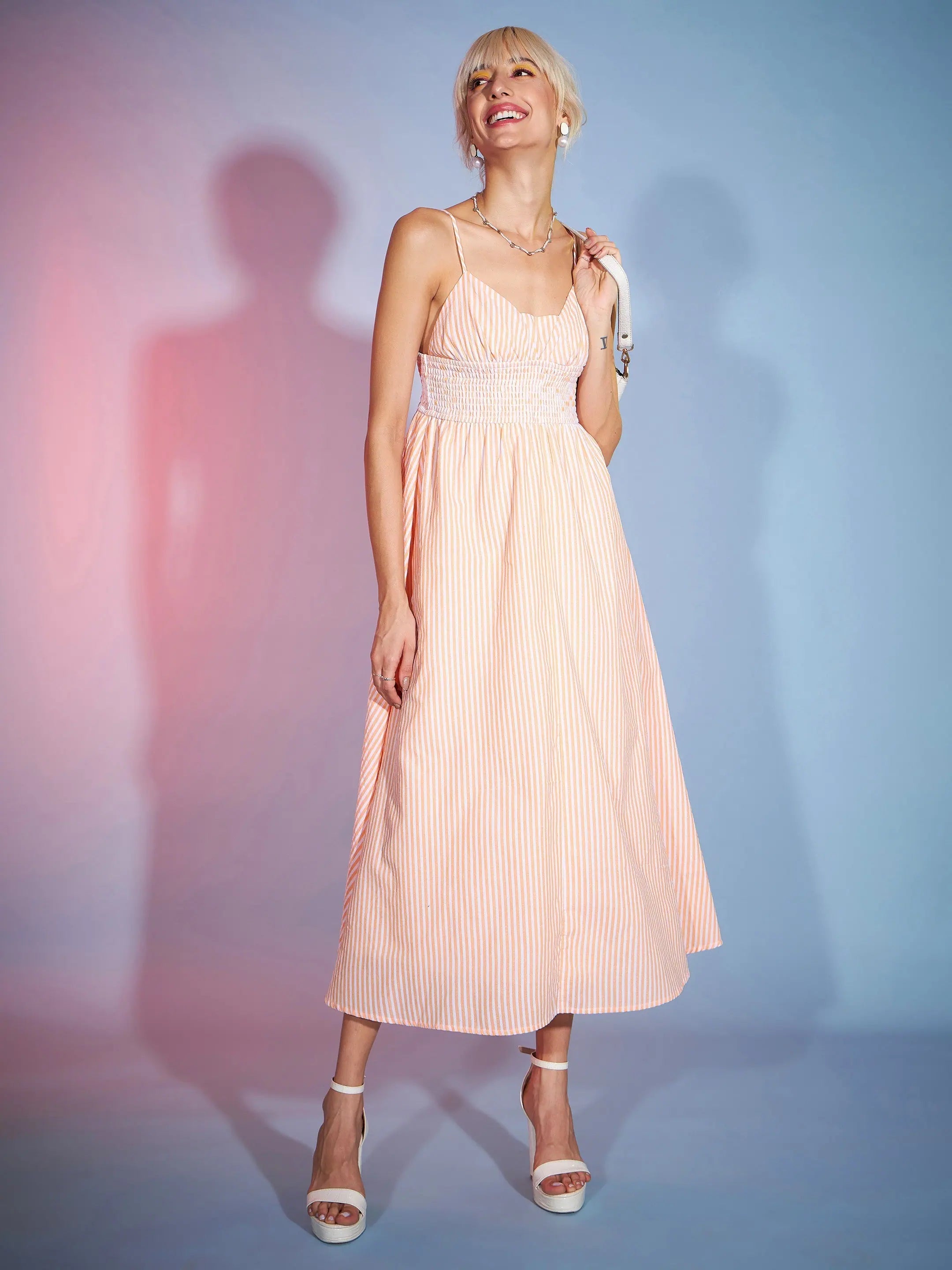 Striped Strappy Maxi Dress - Women's Designer Lehenga Look