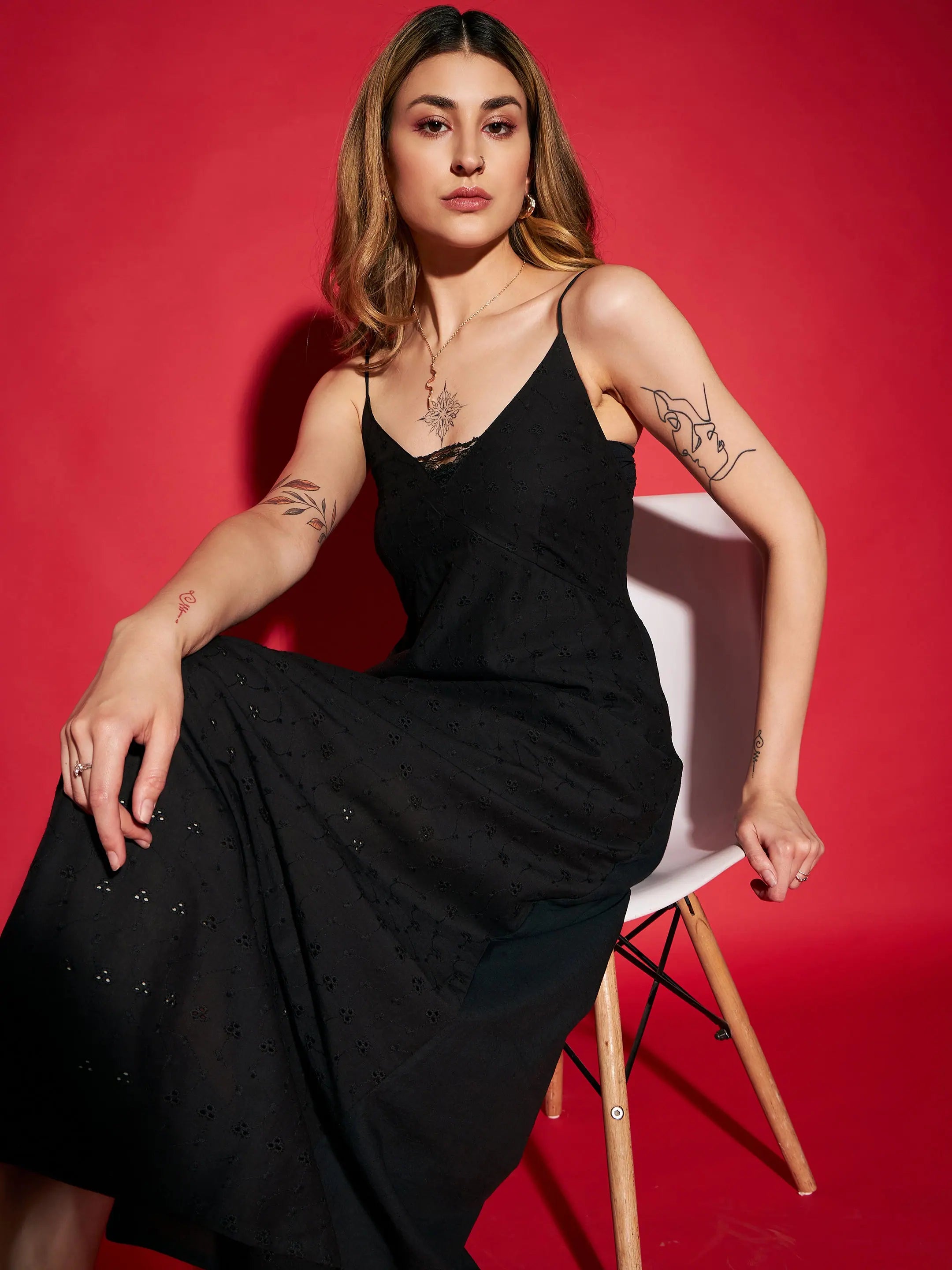 Black Schiffli Strappy Maxi Dress - Women's Designer Lehenga