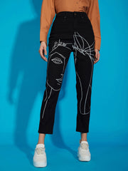 Women Black Premium Line Art Mom Fit Jeans