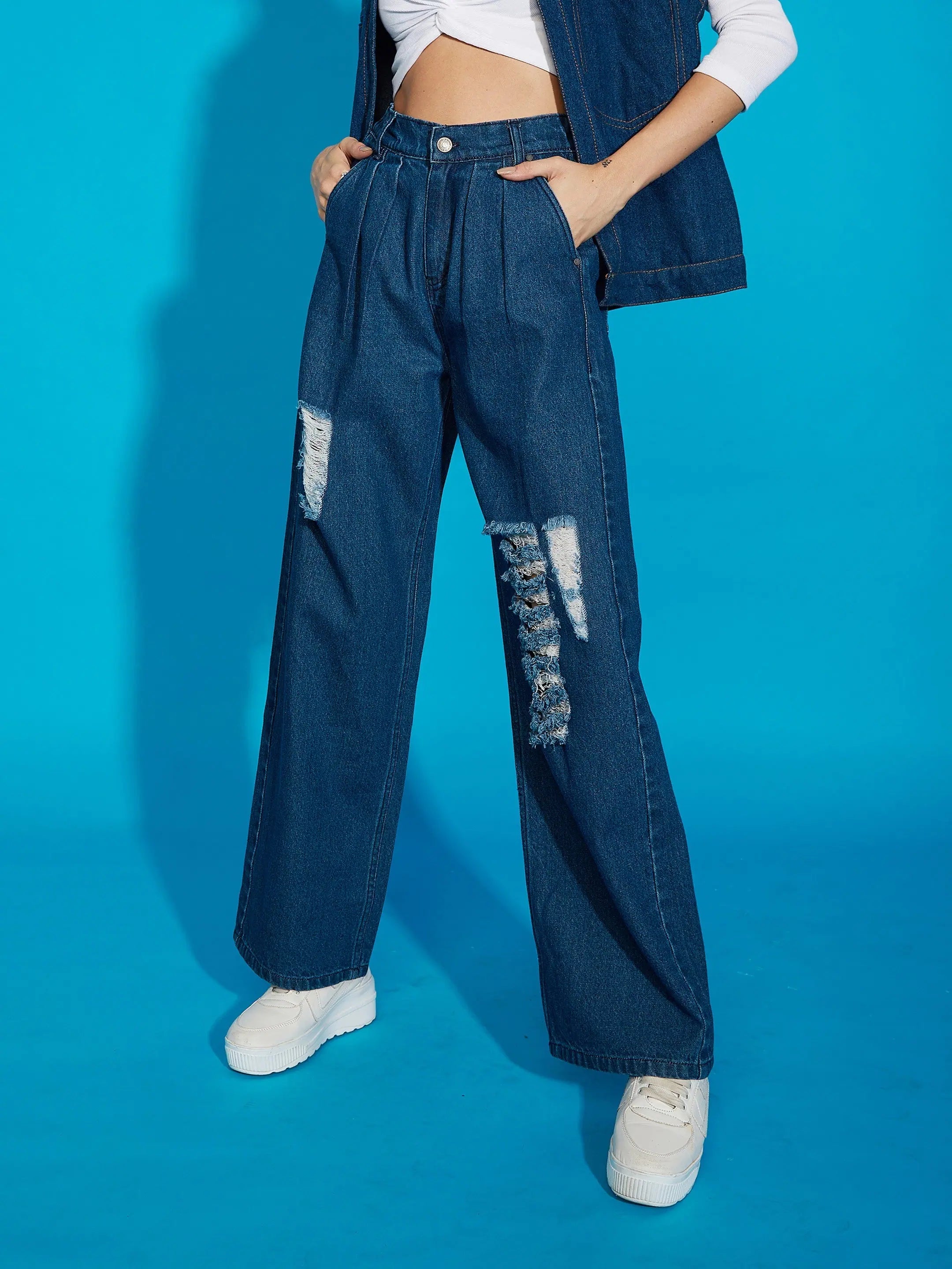 Navy Wash Distressed Baggy Fit Jeans | Women's Designer Denim