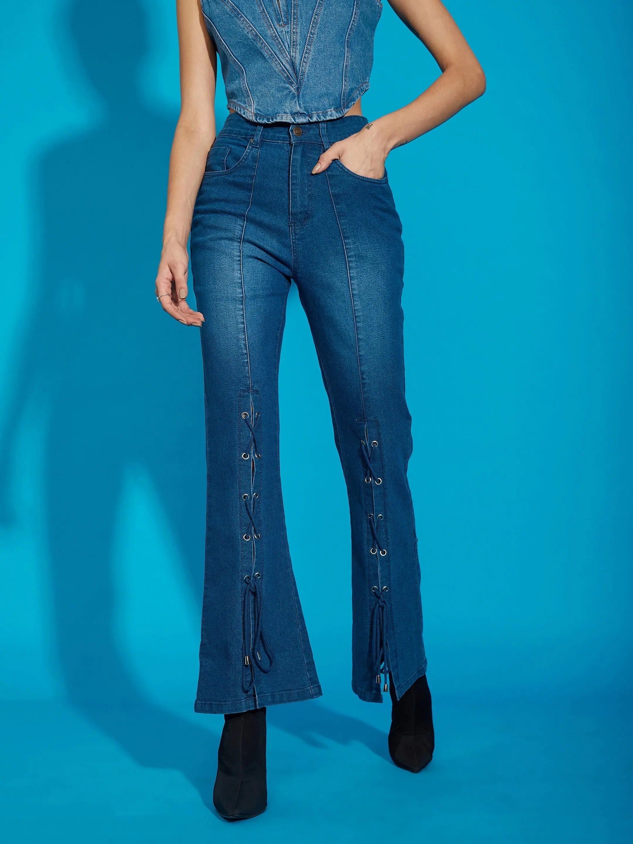 Blue Wash Eyelet Bell Bottom Jeans - Women's Lehenga Look?