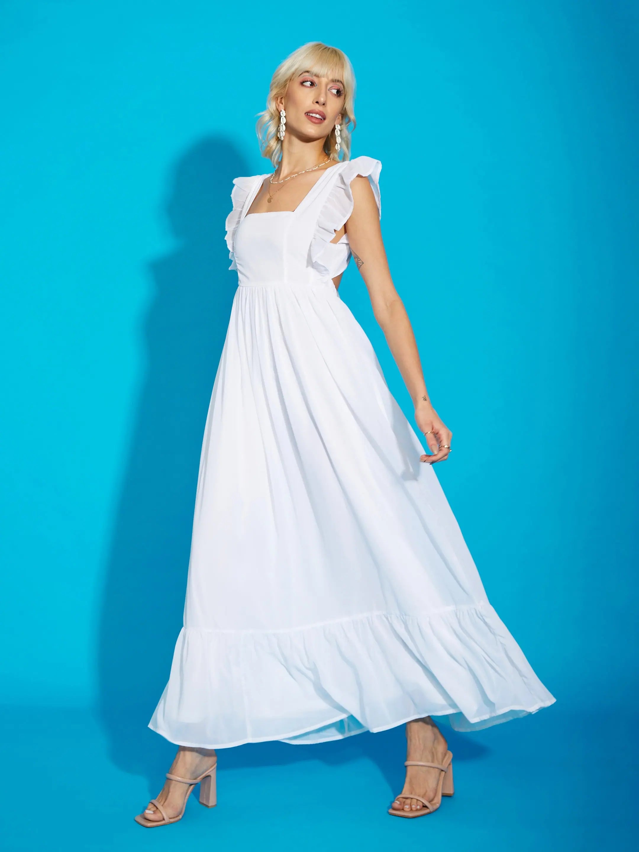 White Frill Hem Maxi Dress - Indian Dresses Online | Georgette