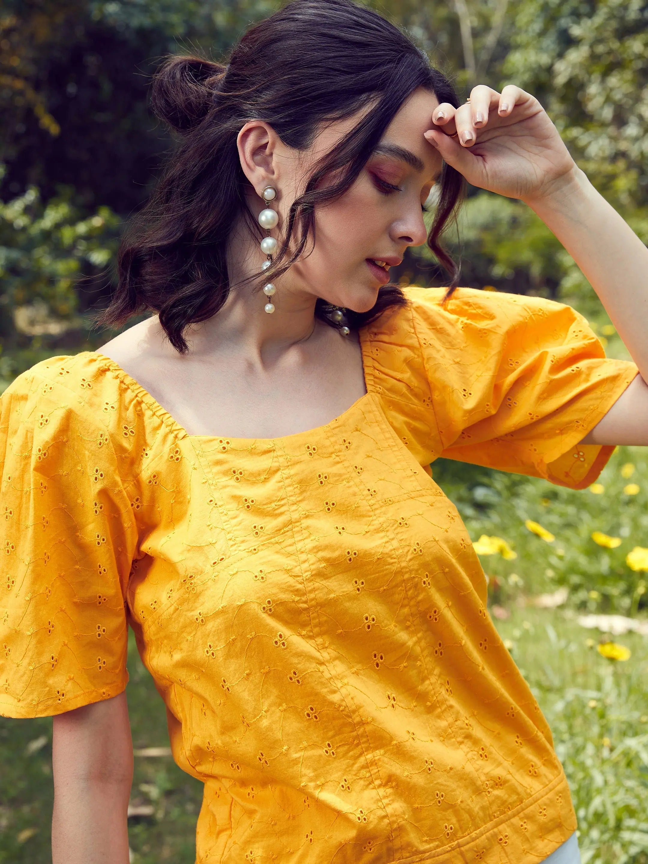 Mustard Schiffli Smoked Top - Women's Western Wear Outfits