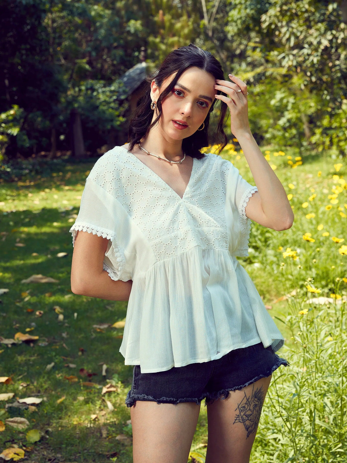 Women White Front Yoke Schiffli Peplum Top