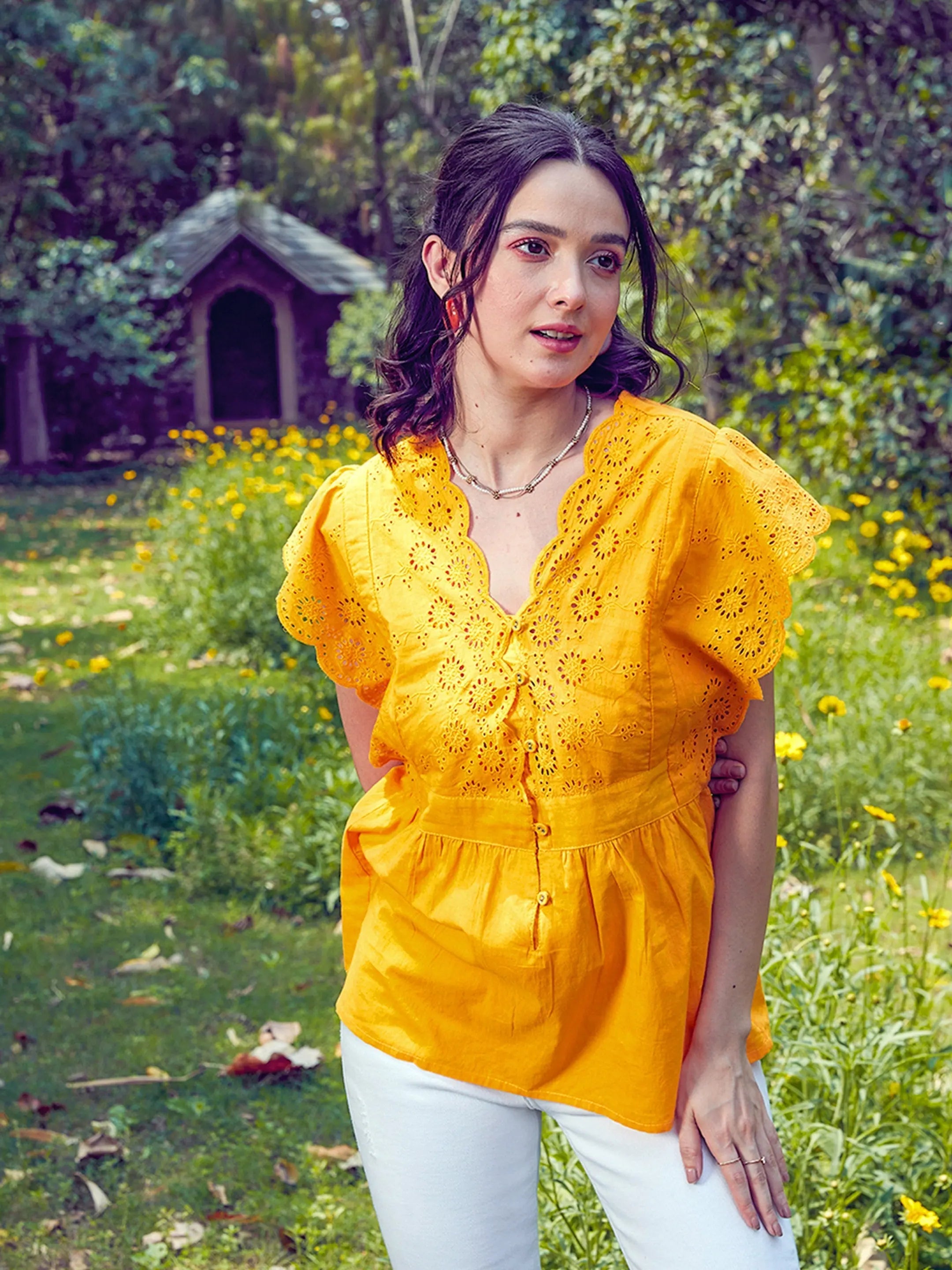 Women's Mustard Schiffli Top | Cute Western Wear Outfits