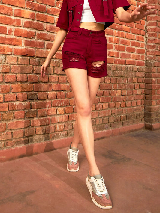 Women Maroon Denim Heavy Distress Shorts 2160