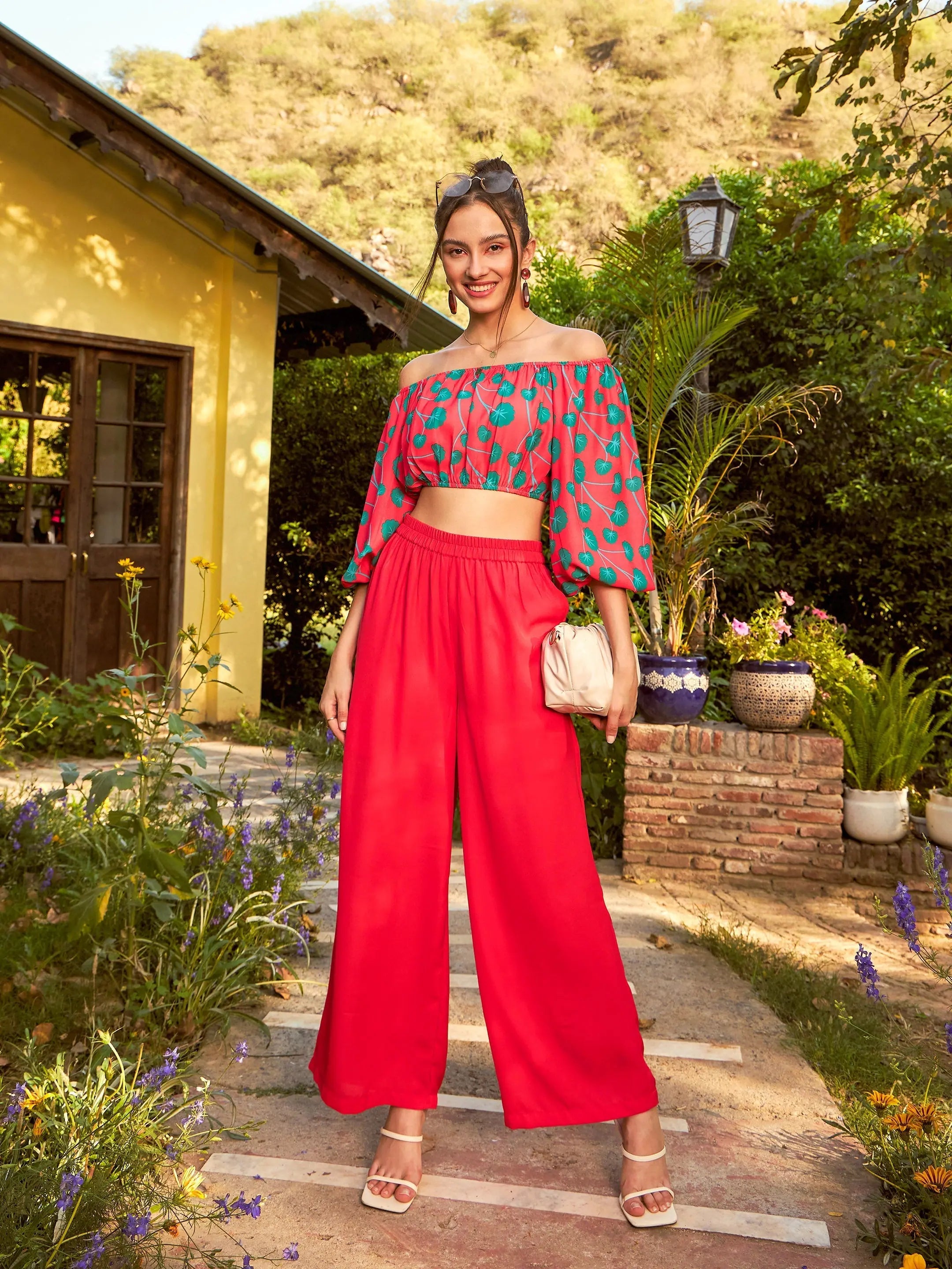 Red Printed Women's Jumpsuit: Off-Shoulder Top & Pants