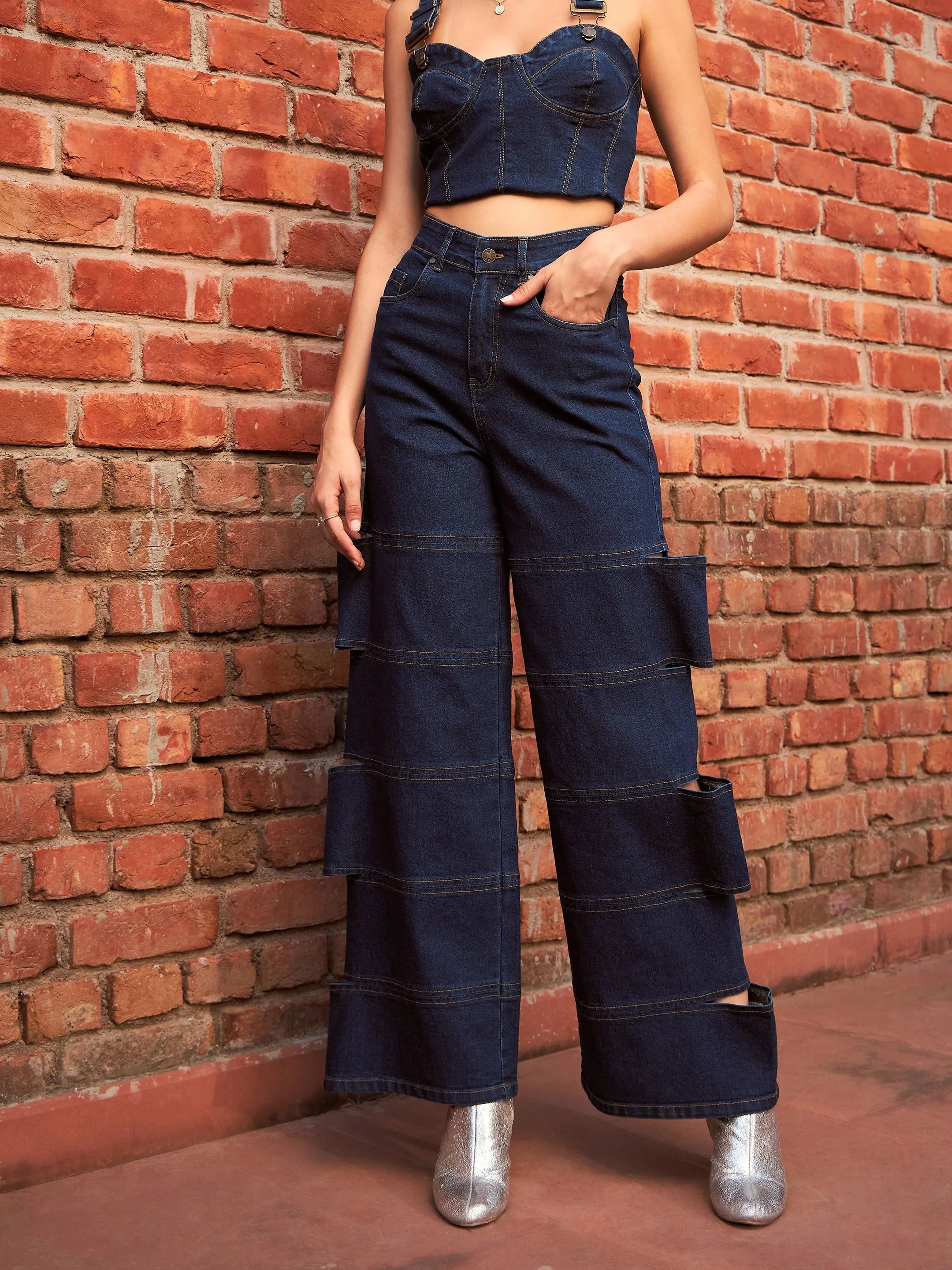 Navy Cutout Jeans: Women's Premium Straight Leg Denim Jeans