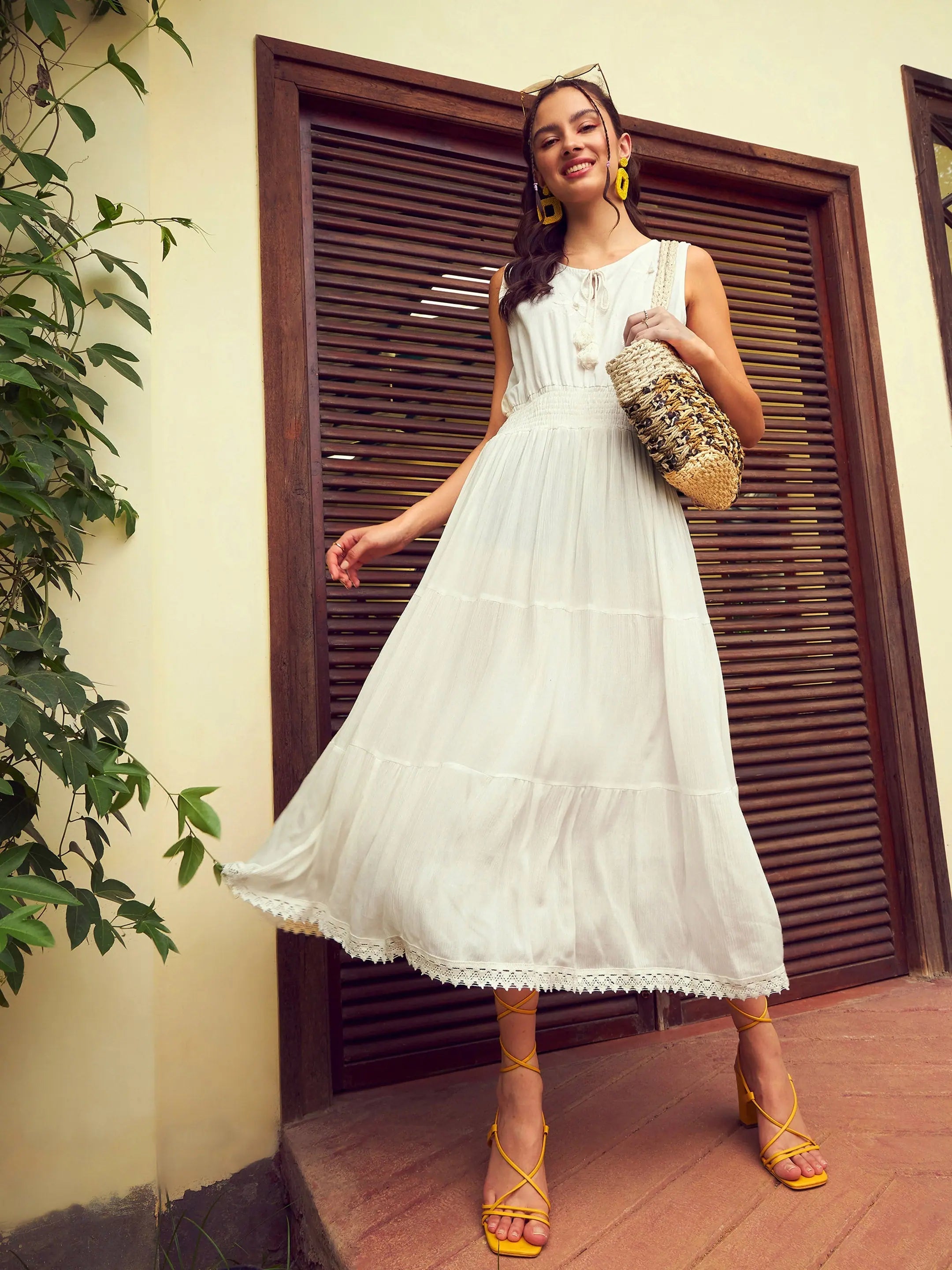 White Embroidered Midi Dress: Tiered Fit & Flare - Rayon