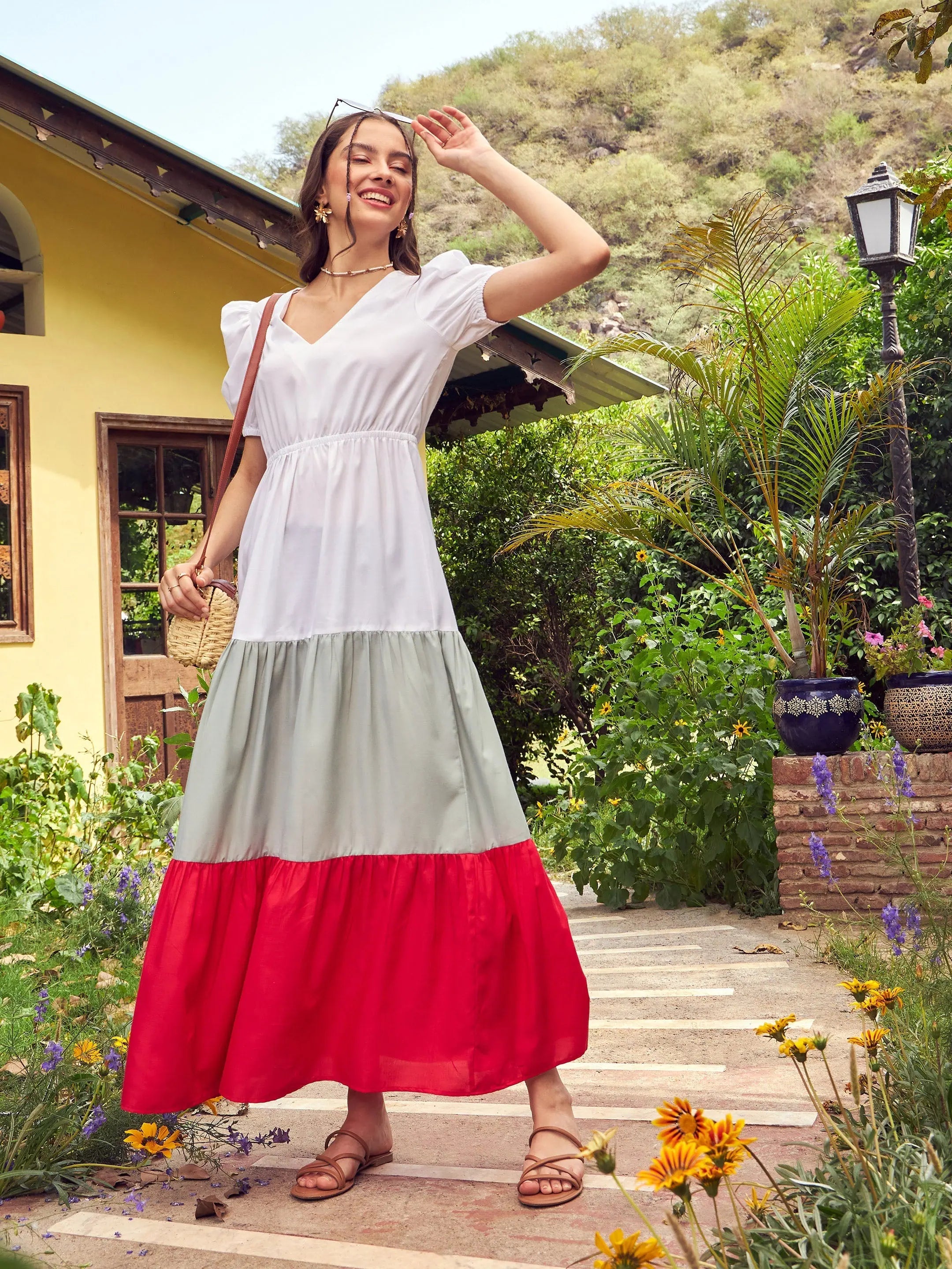 Red & White Maxi Dress: Tiered Color Block Fit & Flare