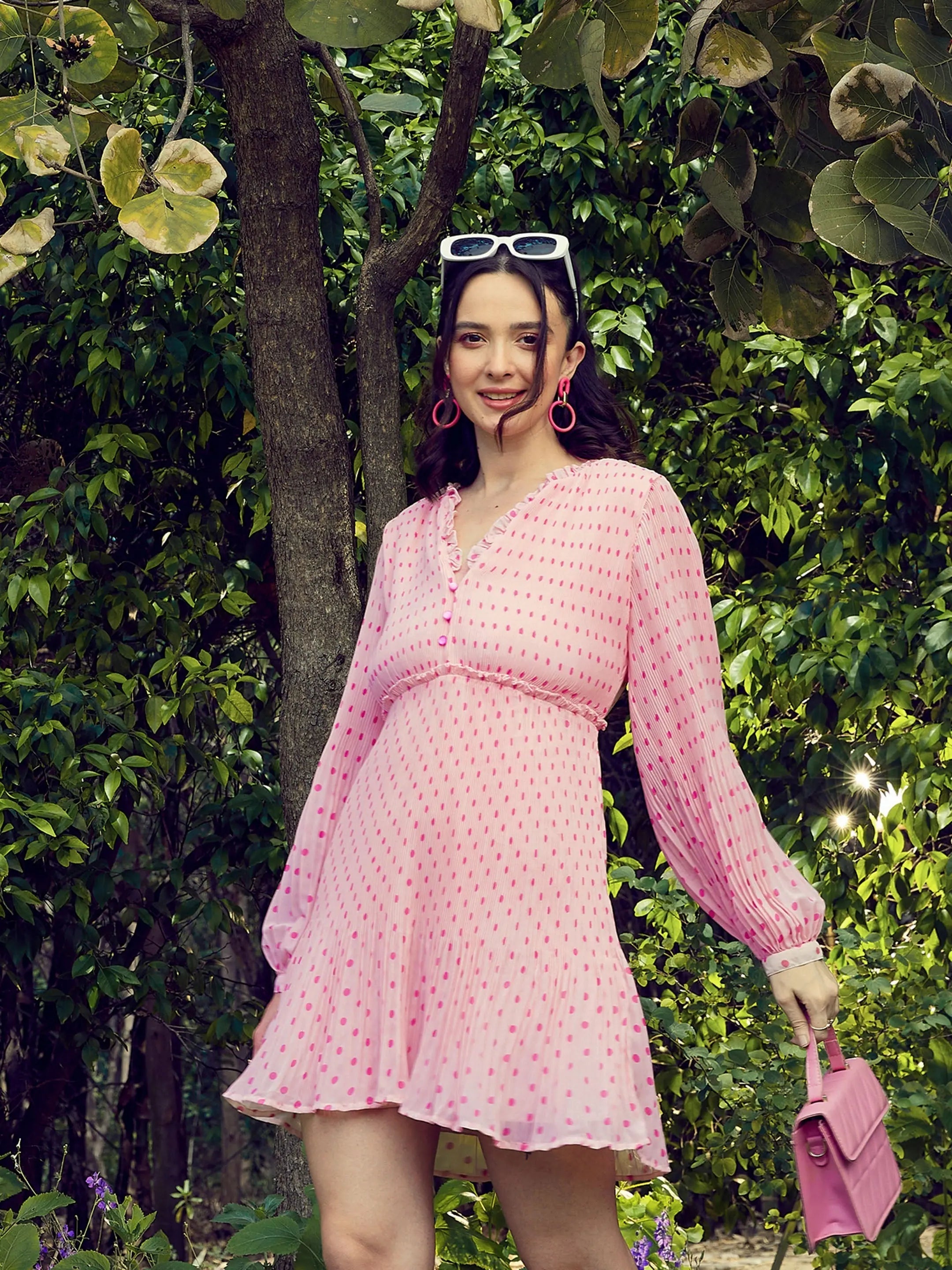 Pink Polka Dot Pleated Dress - Women's Traditional Indian Look