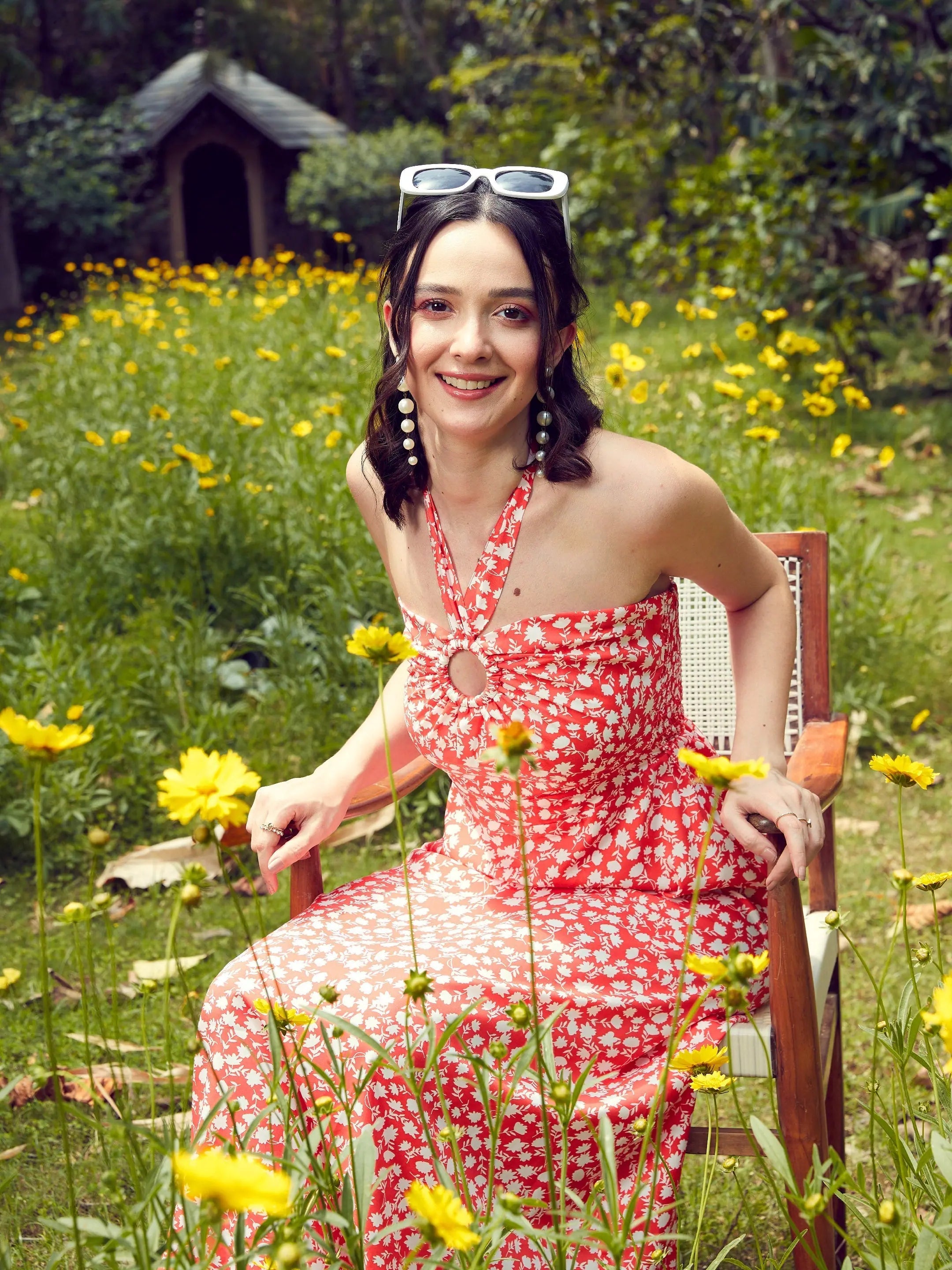 Red Ditsy Floral Halter Maxi - Women's Lehenga Choli Style