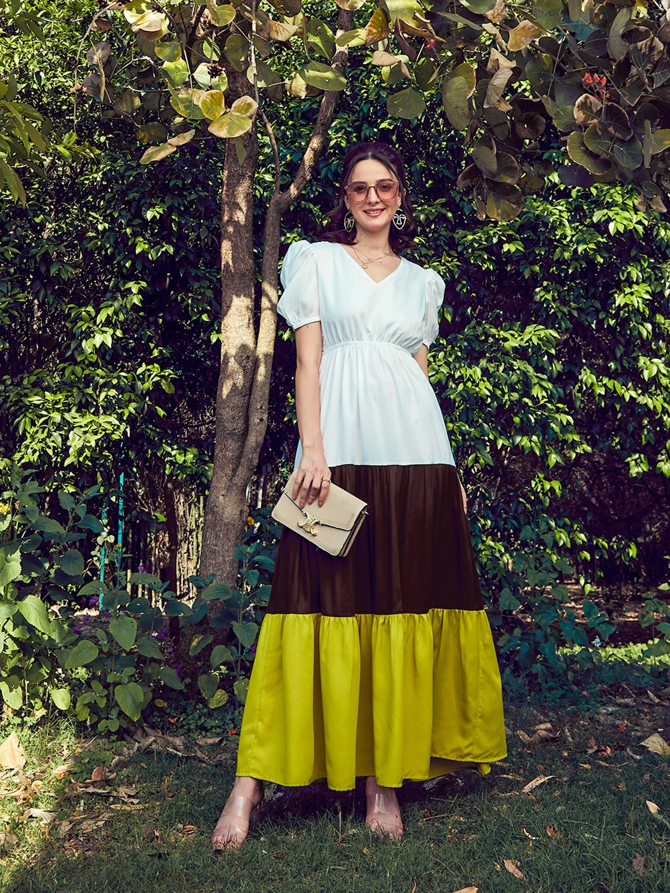 Green & White Color Block Maxi Dress - Lehenga for Women Style