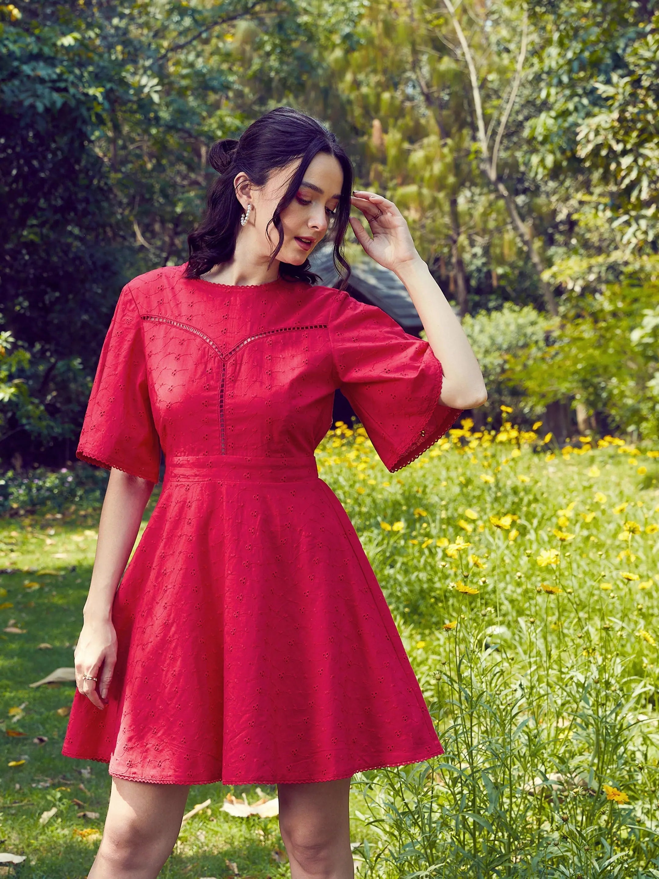 Red Schiffli Flared Sleeve Dress | Modern Women's Lehenga Style